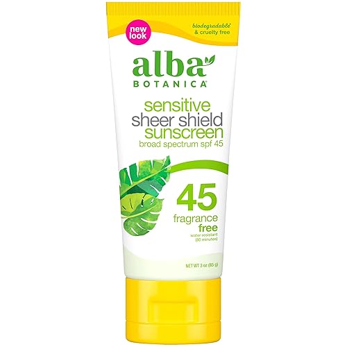 Alba Botanica Sensitive Sheer Shield Suncreen SPF 45 sin fragancia 3 onzas el embalaje puede variar