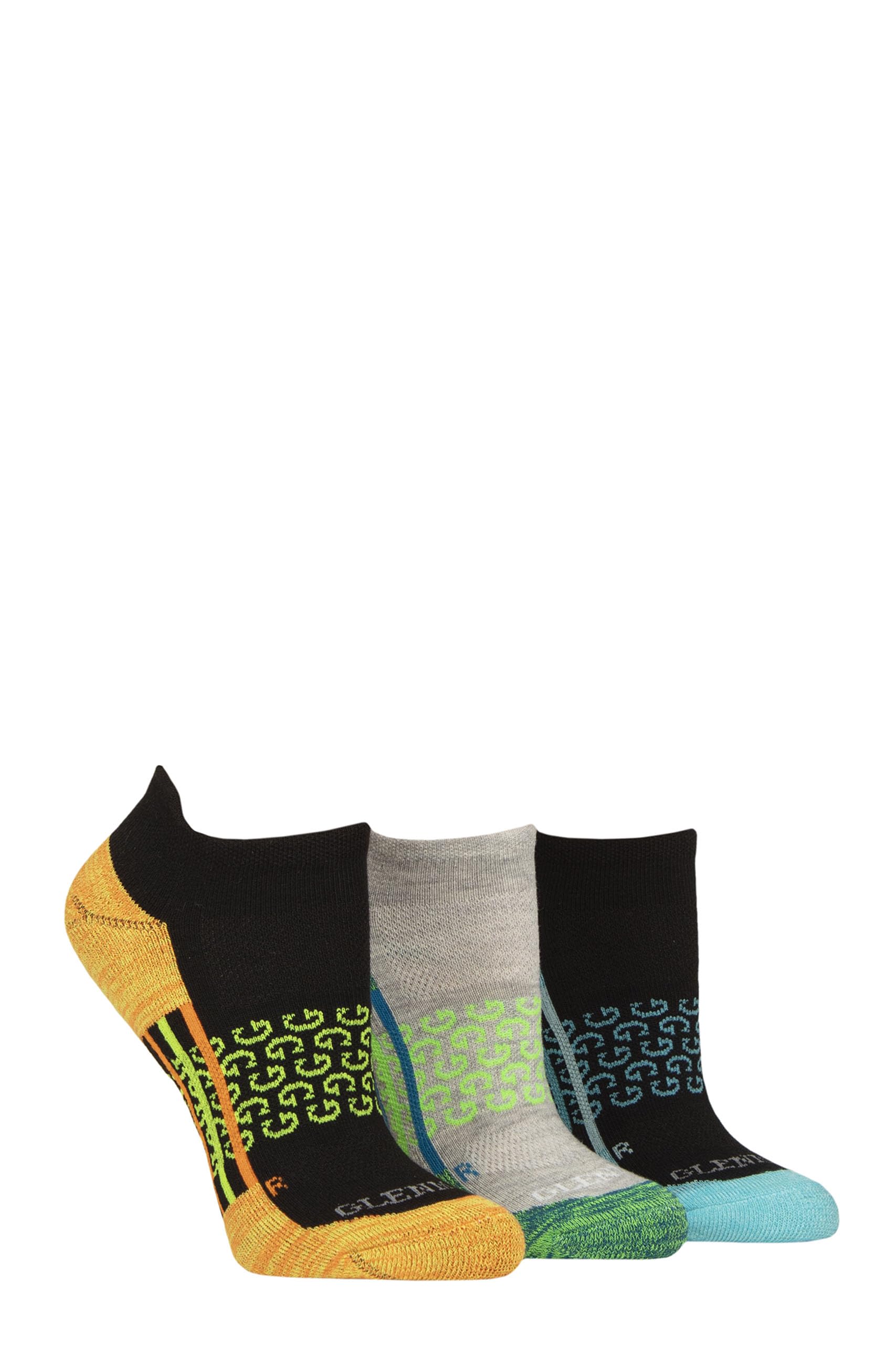 Glenmuir Women's Multi Sport Trainer Socks - Technical, Short, Low, Ankle High, Half Cushioned, Breathable, Gym, Sport, Fitness, 3 Pair Pack Size 4-8 Black/Orange/Green