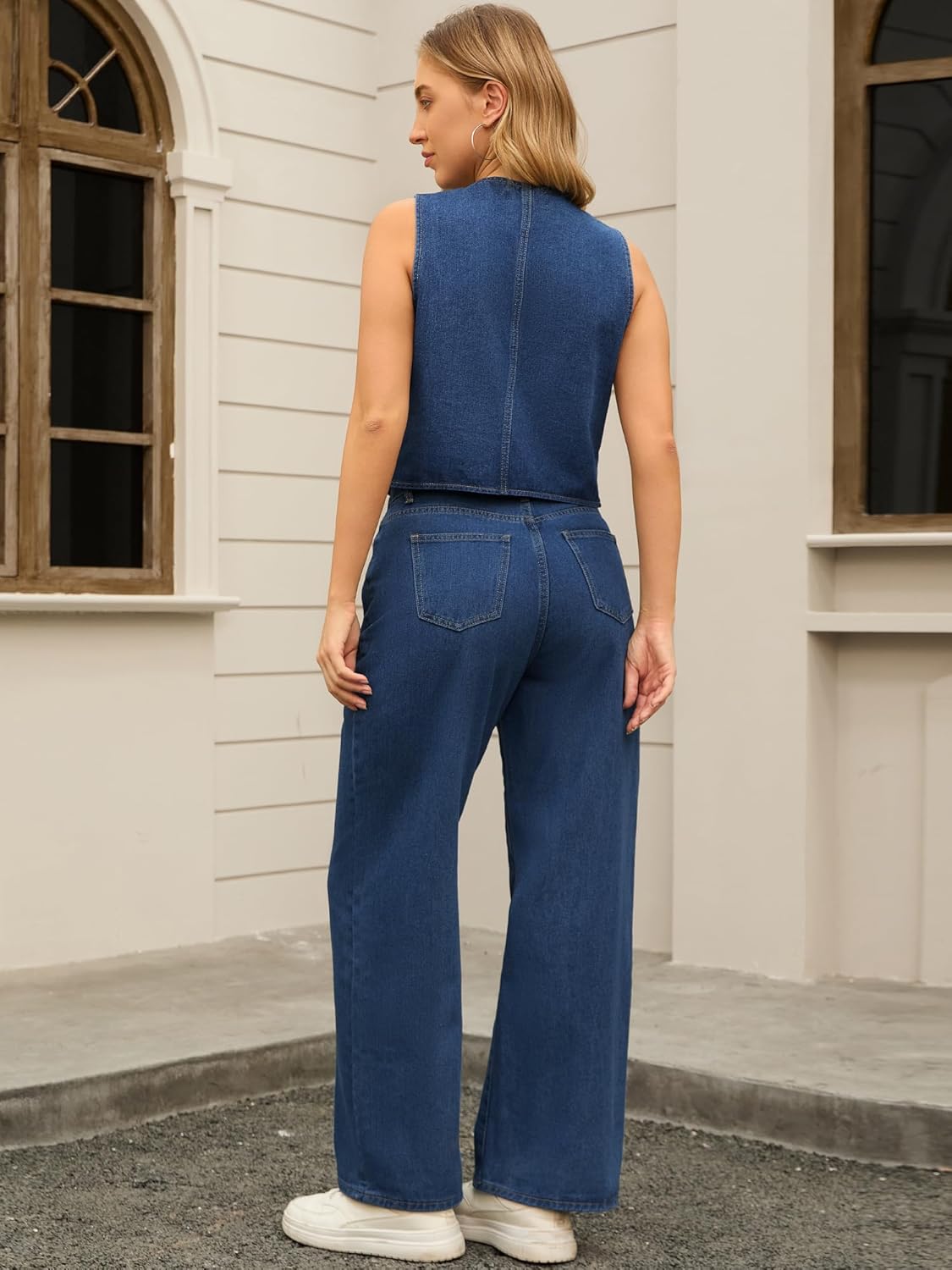 CIMUK Women's Denim Set 2 Piece Outfits V Neck Sleeveless Matching Sets Wide Leg Jeans Waistcoat Jean Vest - Image 4