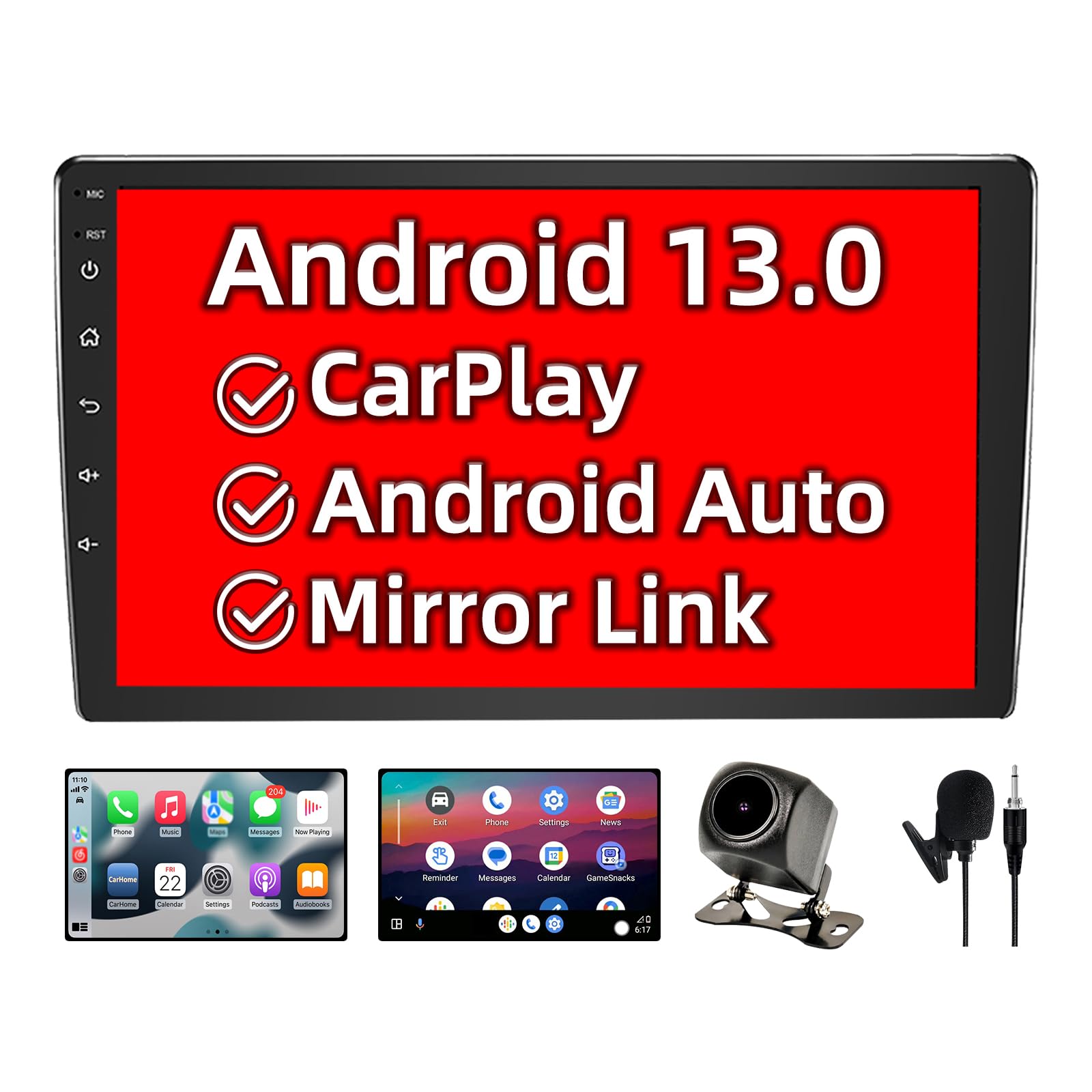 Binize Android 10 Double Din Car Stereo 10.1 Inch Compatible with Carplay Android Auto Touch Screen Radio Head Unit Multimedia Player,Bluetooth,GPS Navigation,AM,FM,EQ,Support Backup Camera