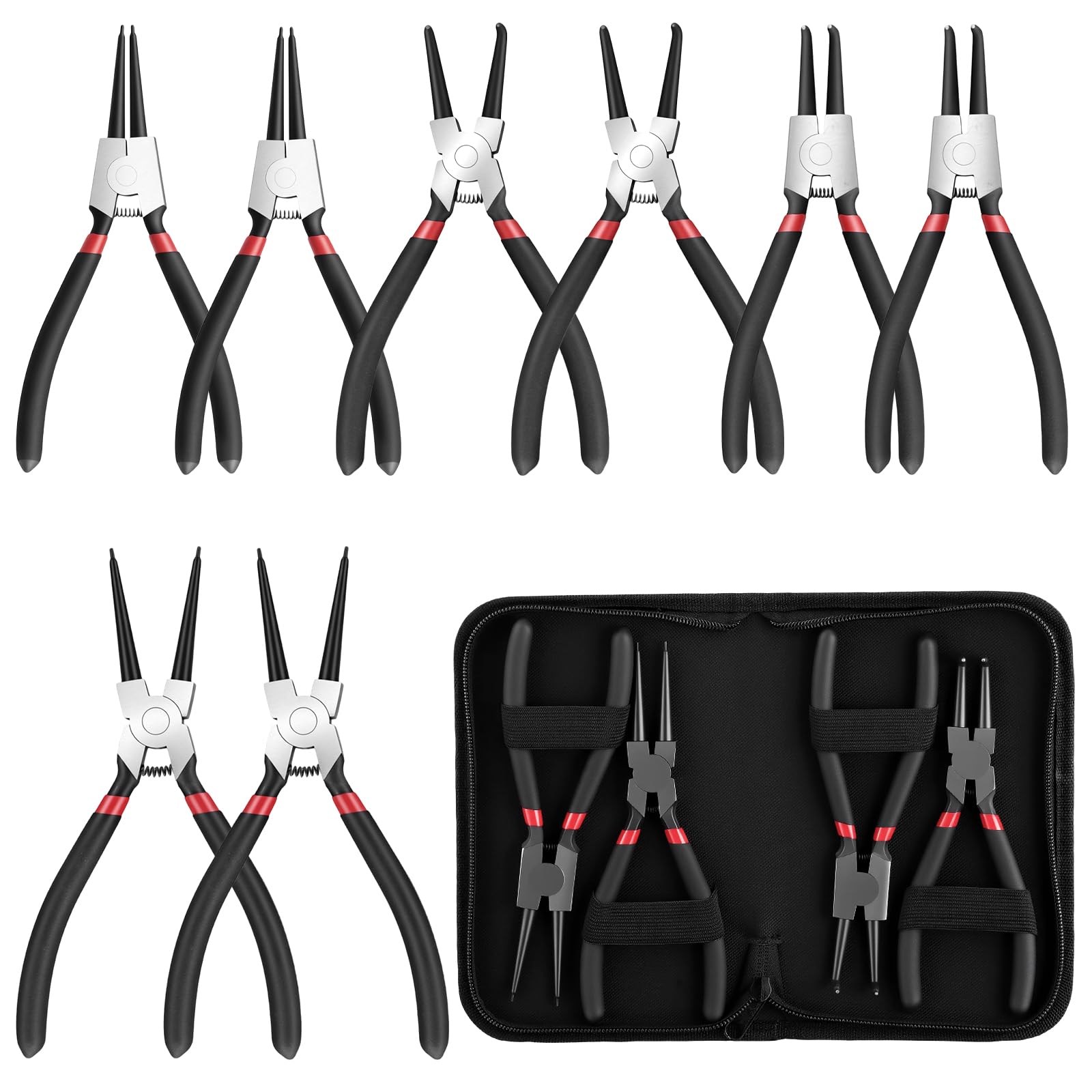 Set di 8 pinze per anelli elastici, 180 mm, per fusibili interni ed esterni, pinze per seeger dritte e curve, set di pinze per riparazione biciclette, officina, riparazione auto