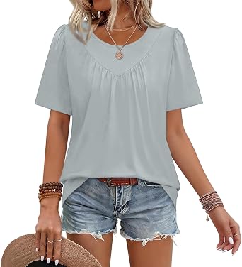 Womens Summer Tops Trendy Short Sleeve T Shirts Pleated Crew Neck Tees Blouses Dressy Casual Outfits Fashion Clothing