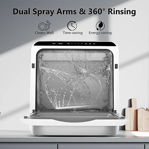 Miniatura 4 de EUHOMY Lavavajillas para encimera con tanque de agua incorporado de 4.9 L y manguera de entrada, mini lavavajillas portátil con 5 programas para