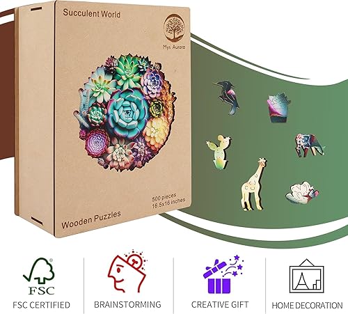 Miniatura 5 de Mys Aurora Rompecabezas Jigsaw de Madera Únicos - Plantas Suculentas Mandala, 500 Piezas Tamaño King 16.9'' x 16.3'', Rompecabezas de Madera con