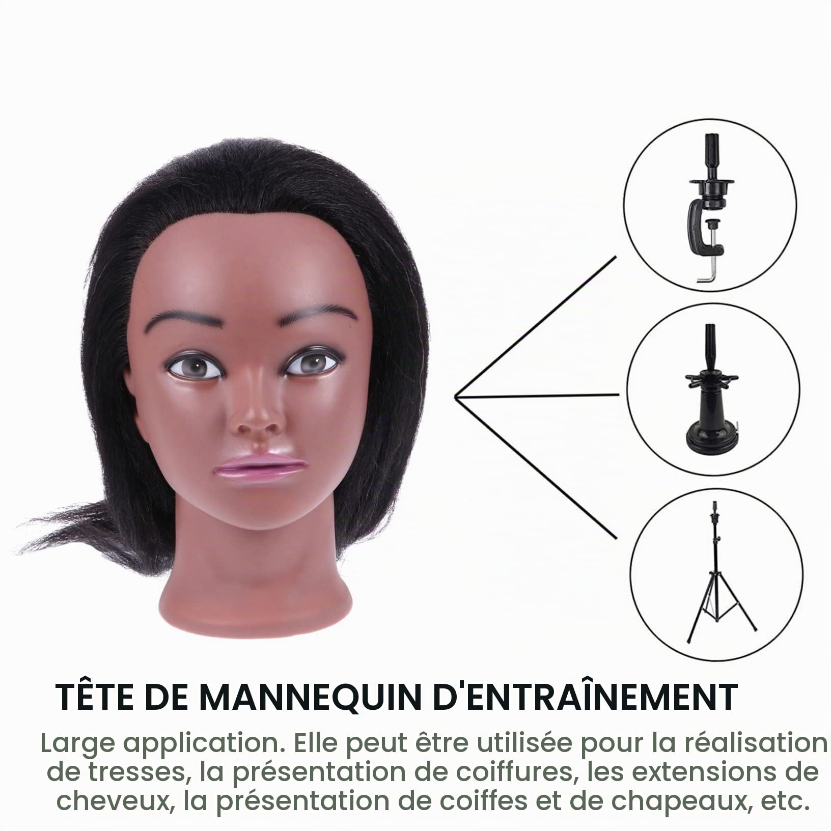 Tête de Mannequin D’entraînement Coiffure, Cheveux Humains Noirs