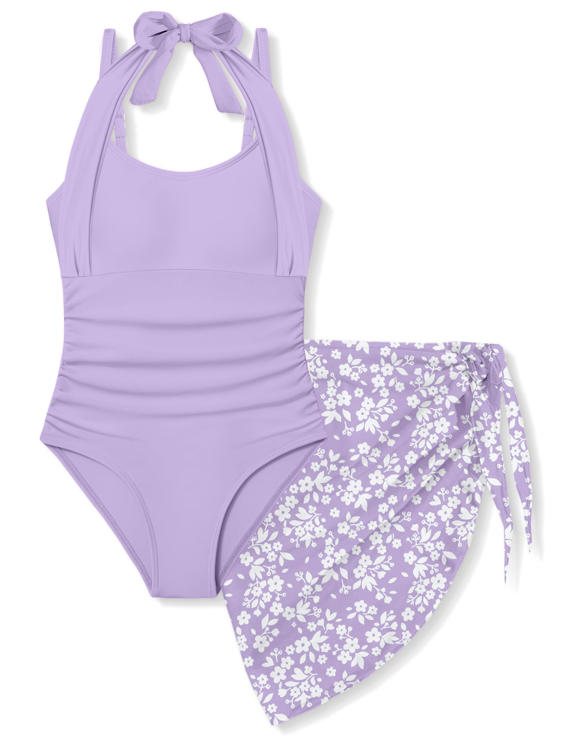 Girls Swimsuit Set - Halter Neck One Piece Bathing Suit with Tropical Cover Up Skirt Swimwear for Kids 7-18Y