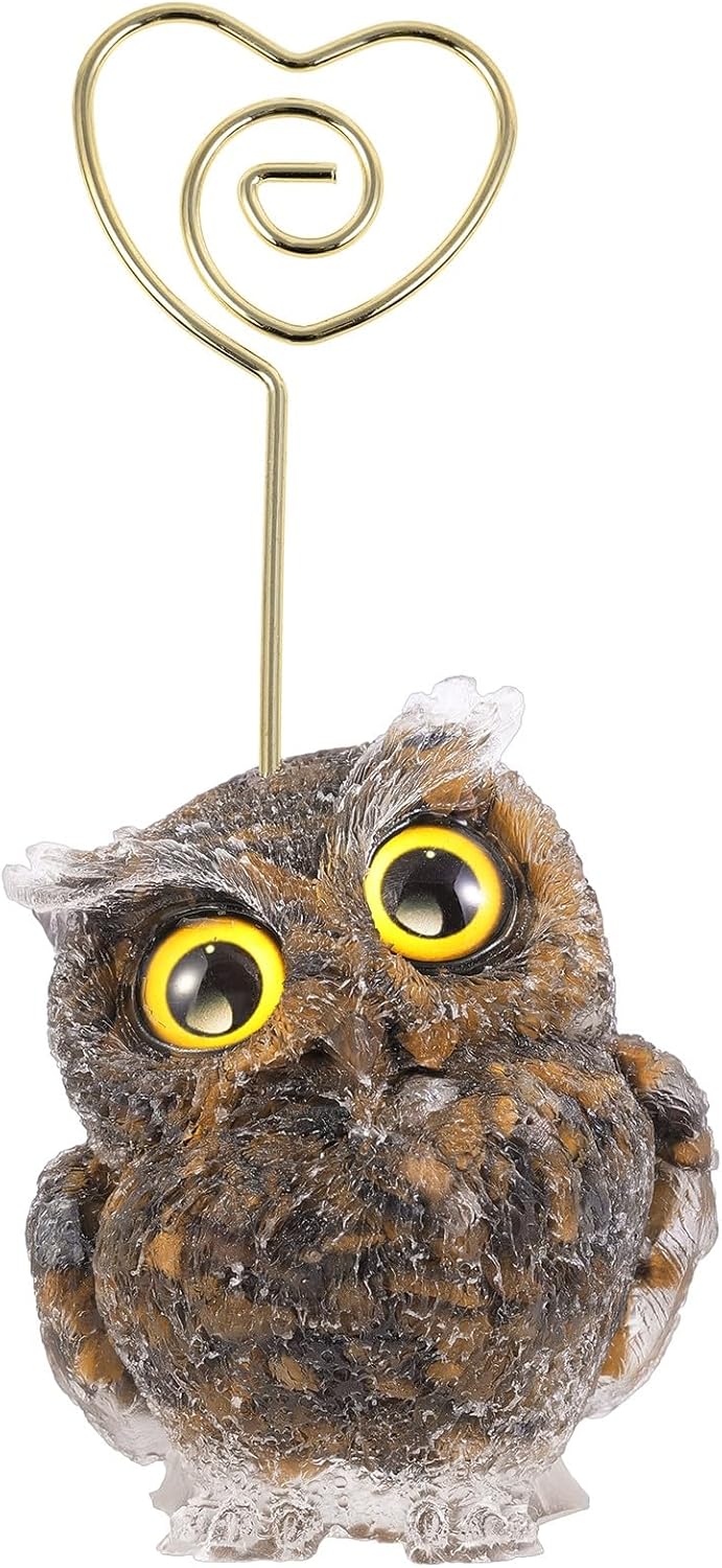 Sportmusies Resin Crystal Owl Table Card Holder, Gold Heart-Shaped Clip Picture Number Memo Stand for Wedding Birthday Party, Tiger's Eye Stone
