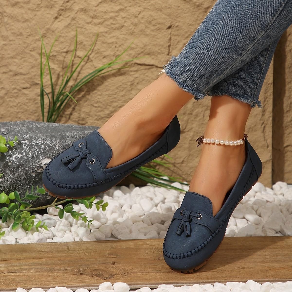 Mocasines vintage cómodos de piel de ante para mujer, zapatos planos ortopédicos suaves de ajuste ancho con soporte de arco, mocasines transpirables para conducir, Blue, 40.5 EU