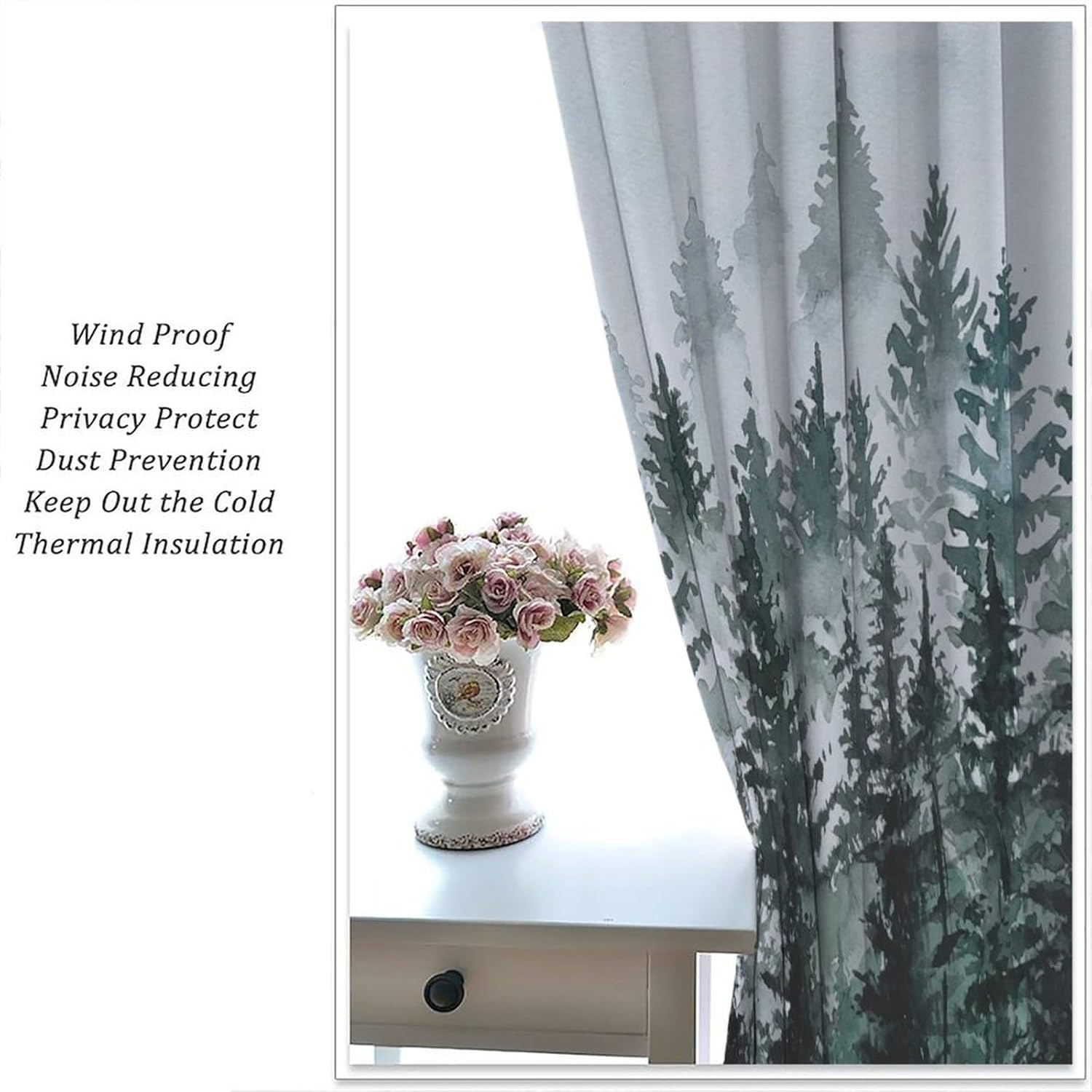 Forest Curtains Misty Watercolor Pine Trees Pattern Blackout Print Rod Pocket Window Drapes for Bedroom Living Room 42x45in