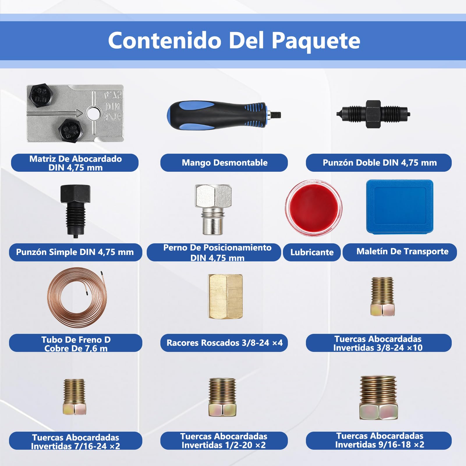 Juego de Abocardador de Conductos de Freno Abocardador Doble DIN 4,75 Mm (3/16") Herramienta para Ensanchar Tubos de Cobre con 7,6 M Ø 4,75 Mm de Conductos de Freno 16 Tuercas de