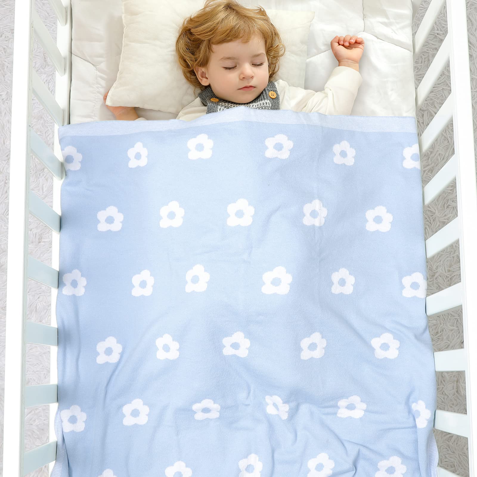 DovFanny Baby Blanket Cotton Soft Knitting Blanket for Boy and girl Infant Toddler Crib Cot Stroller 90 x 70cm Light Blue - Image 2