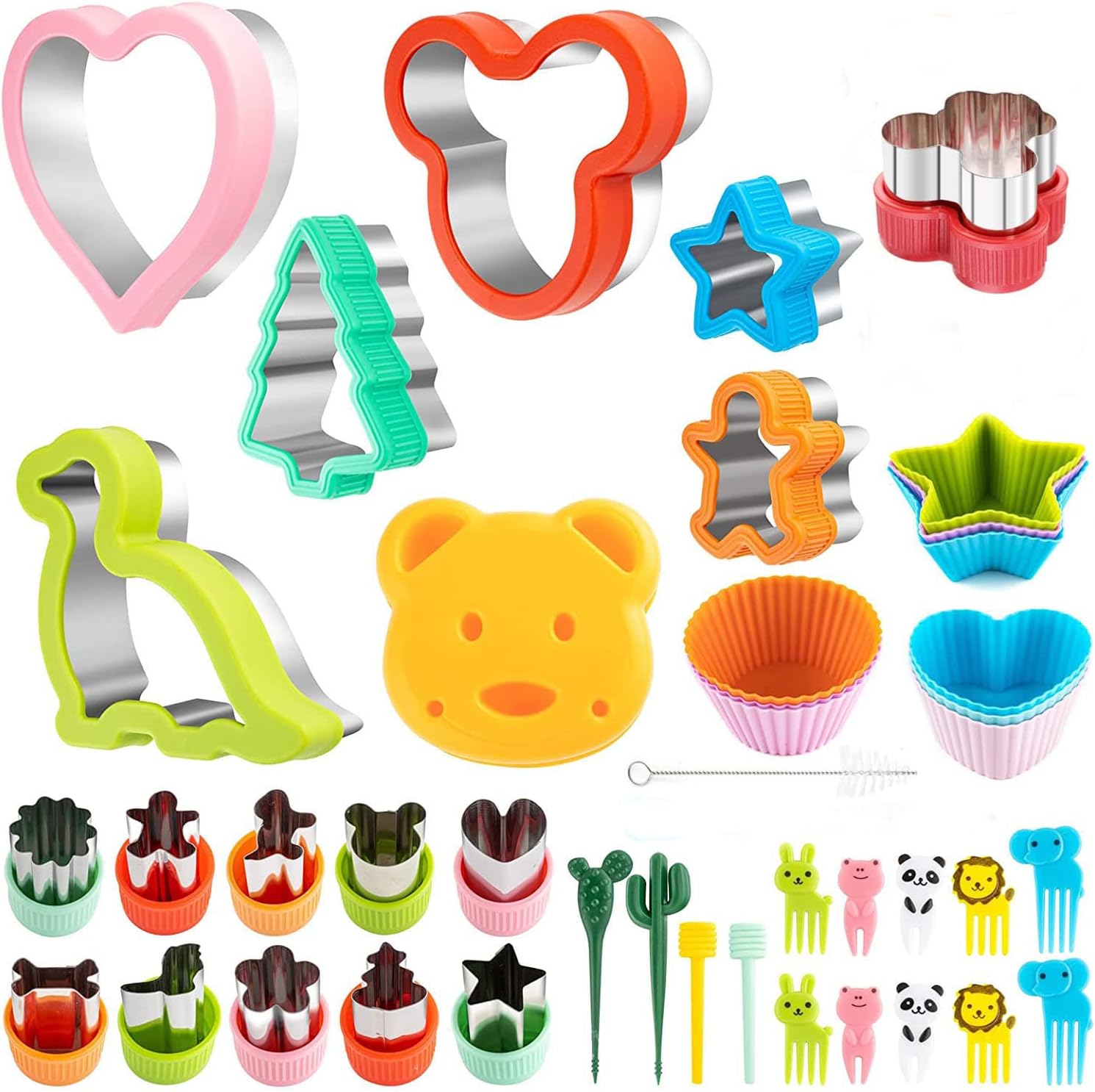 U-HOOME Sandwich Cutter Set Fruit Cutters Bread Cutout Shapes for Kids, 42pcs Mini Vegetable Fruit Shapes Cookie Cutters with Silicone Cup Dividers, 10pcs Food Pick Forks