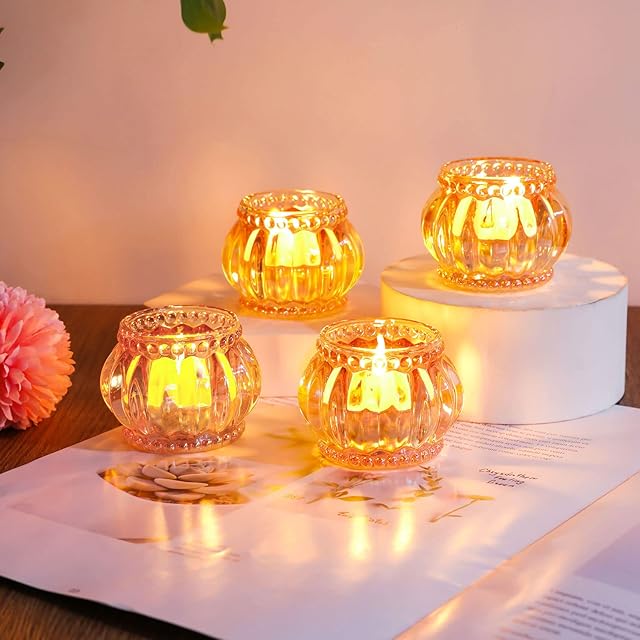 Set of 6 Gold Tea Light Candle Holders Glass Vintage Round Tealight Candlestick Holders Home Votive Wedding Party Table Centrepiece Decoration