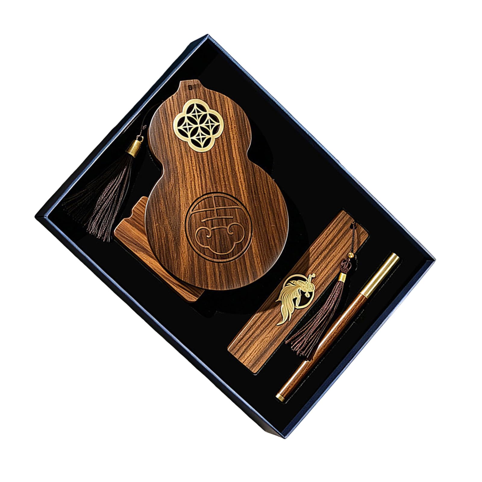 Set portapenne da scrivania in legno con segnalibro e penna, A | Organizer ispirazione cinese con aspetto legno per scrivanie da studio e da lavoro