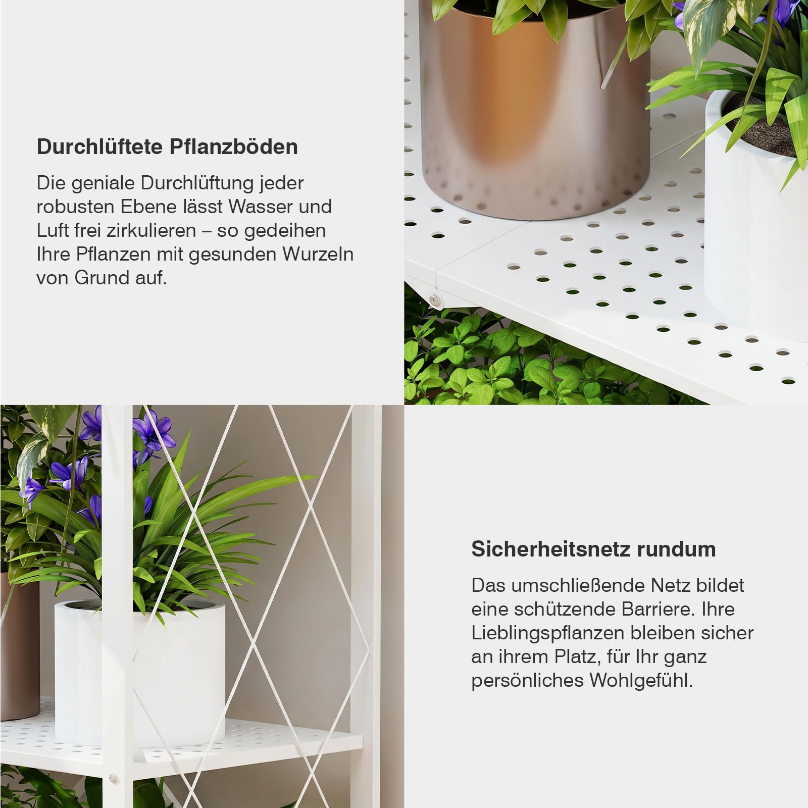 ALANNG Blumenständer mit Rädern, 3 Ablagen Stabiler Pflanzenständer | Metall Pflanzenregal Indoor Einfach/Klappbar, Weiß