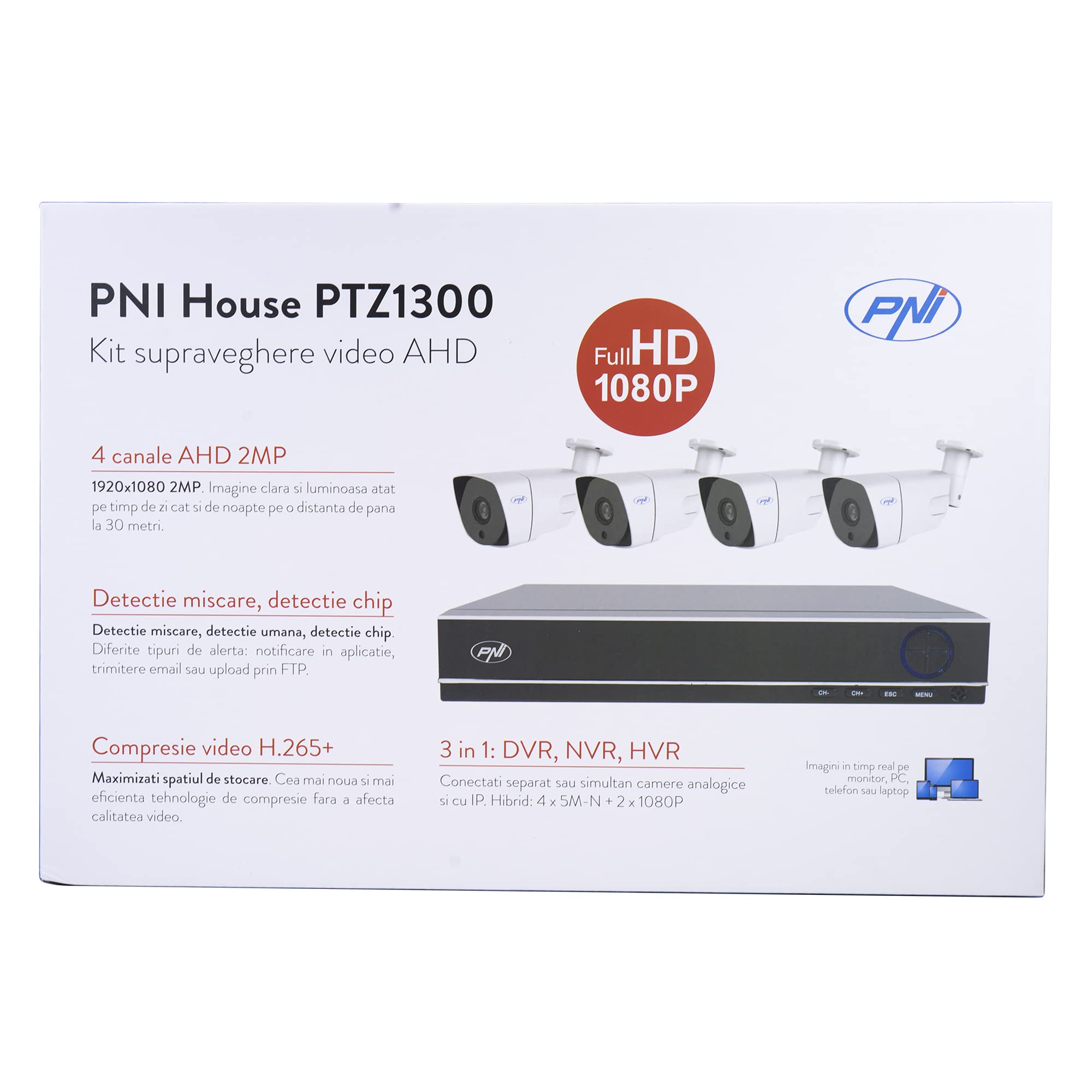 Kit di videosorveglianza AHD PNI House PTZ1300 Full HD - NVR e 4 telecamere da esterno 2MP full HD 1080P