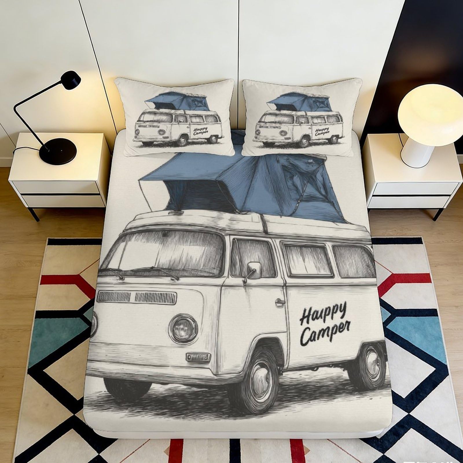 3D Printed Camper Van Fitted Sheet Microfiber Deep Pocket Non-Slip Bedroom Bedding Camper Van Mattress Fitted Cover 140x200x25cm
