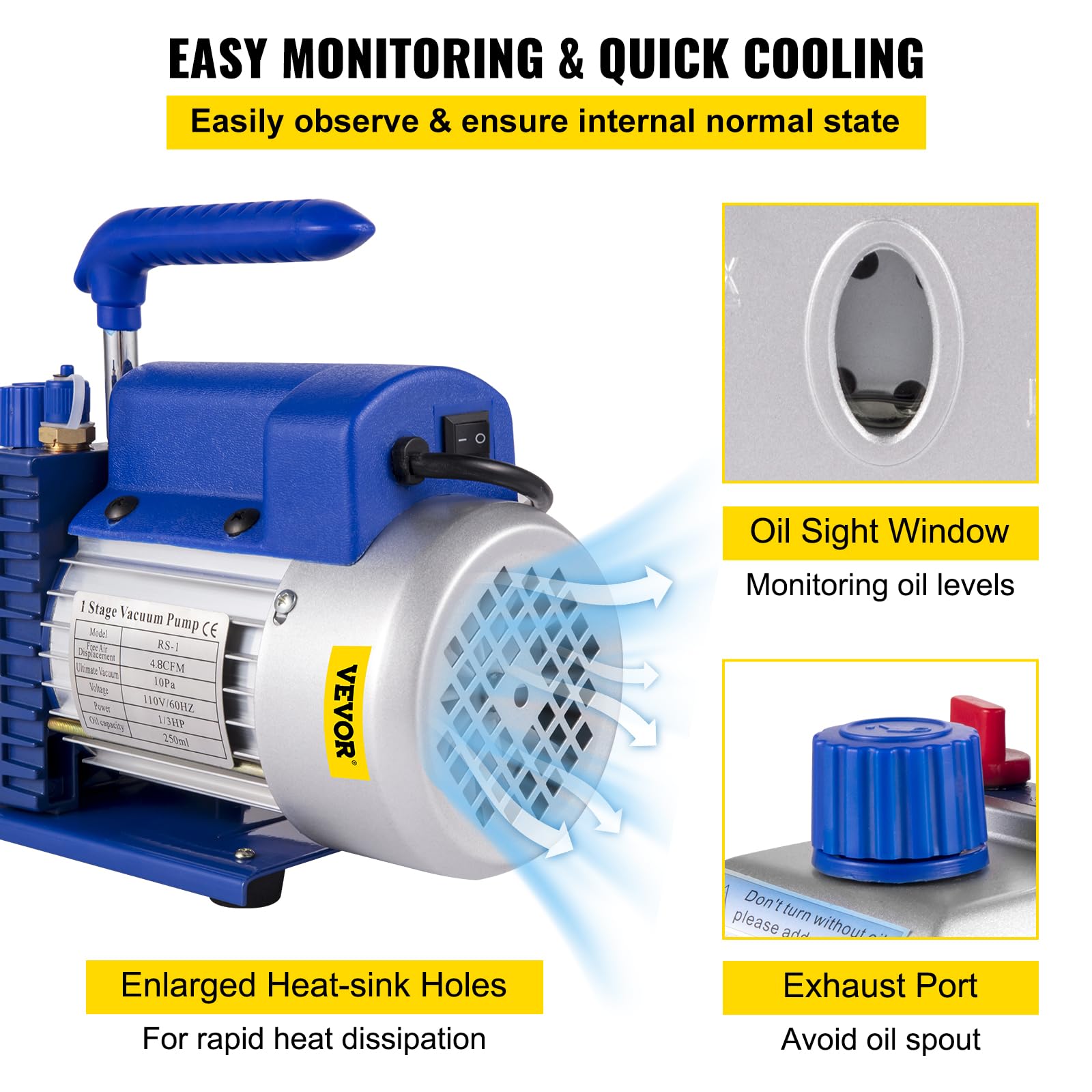 VEVOR 4.8CFM 1/3 HP Vakuumpumpe Klimaanlage Unterdruckpumpe Ansaugpumpe Einstufig für HVAC A/C Kühlsysteme, 5PA ultimatives Vakuum, Manometer Kit inklusive 4-Wege Manometer & Schlauch