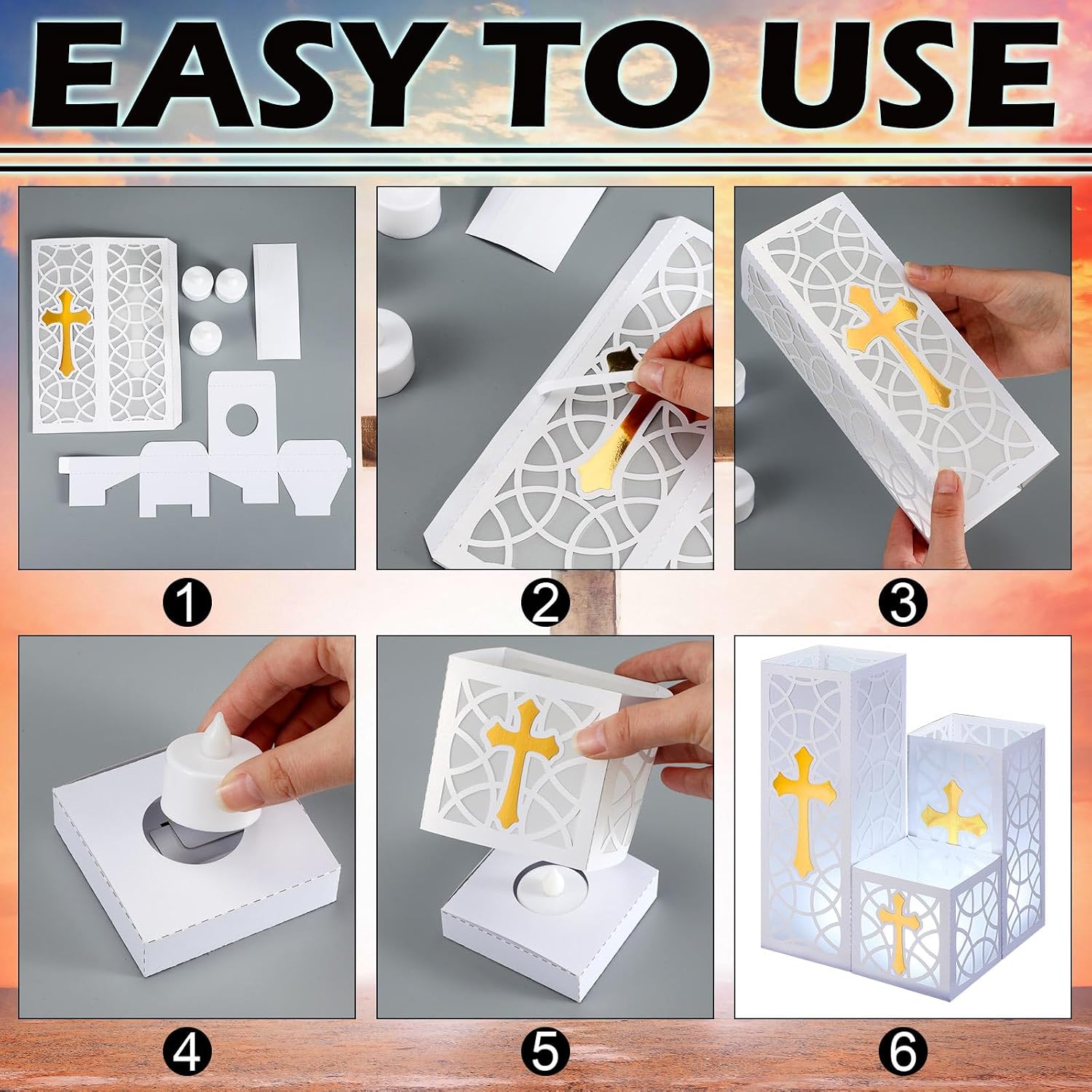 VIHOSE 12 Set 24 Pcs Baptism Cross Table Centerpieces 3 Size Baptism Cross Paper Lantern Boxes with LED Candle First Communion Table Decorations for Easter God Bless Wedding Party Favors Decor
