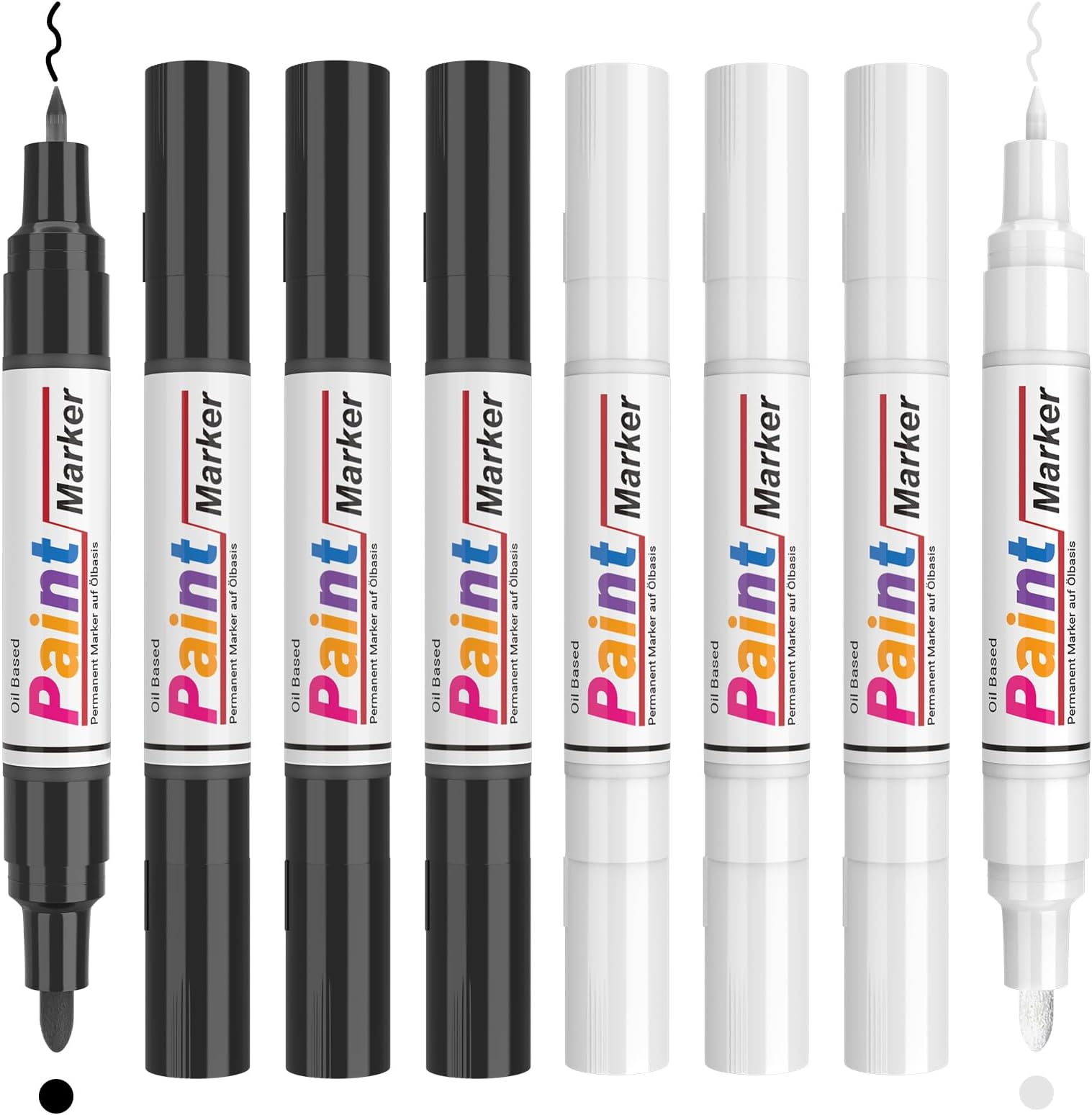 Black & White Permanent Paint Marker, 8 Pack Dual Tip Paint Pens Set, Fine Tip and Medium Tip (0.7mm 2-3mm), Whaterproof, Oil Based Ink, For Metal, Wood, Plastic, Fabric, Tire, Glass (4 Black 4 White)