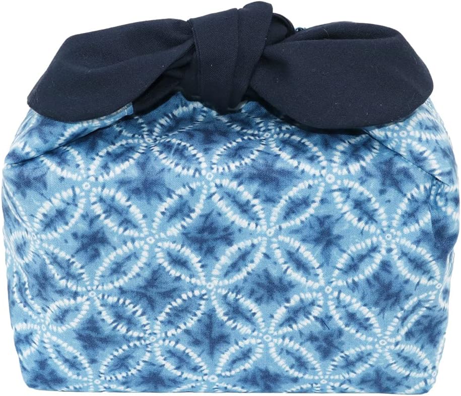 お弁当袋 保冷保温 ランチバッグ 紐なし 和柄 結ぶタイプ あづま袋 リボン 七宝柄 青 ホーム キッチン