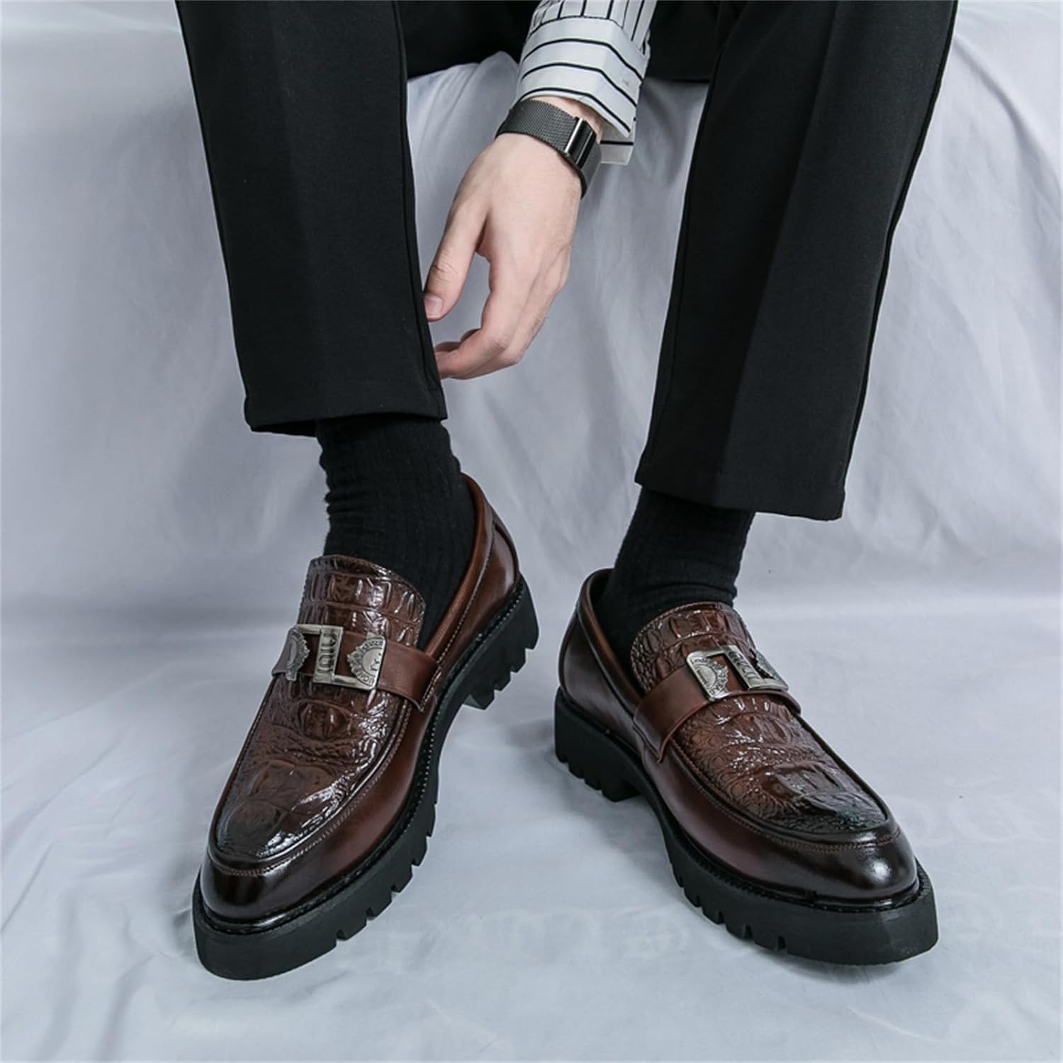 Mens Loafers - Crocodile Texture Faux Leather Driving Shoes, Slip On Penny Moccasins for Business & Casual
