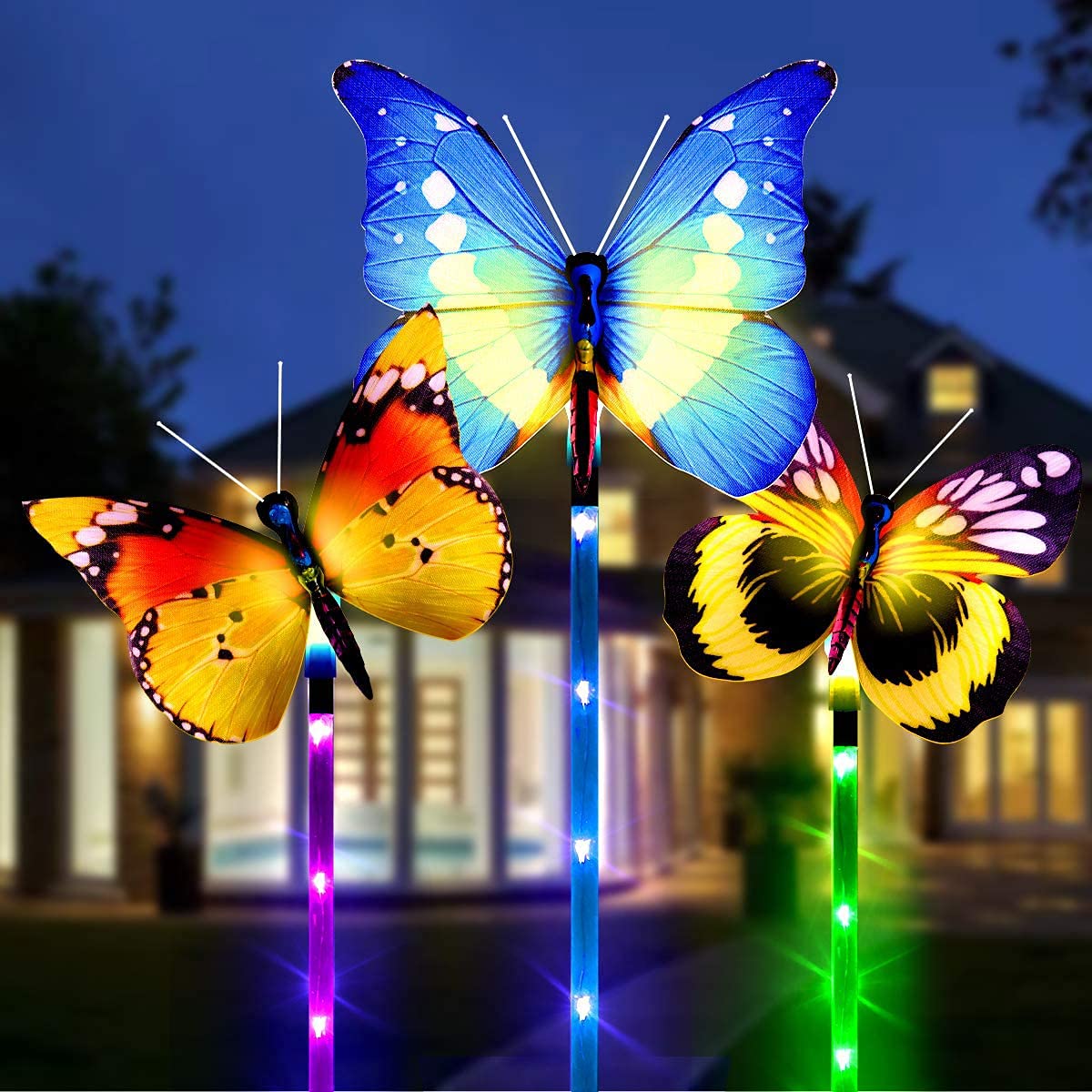 DELFINO Garden Solar Lights Outdoor - 3 Pack Solar Stake Light Multi Color Changing LED Garden Lights, Fiber Optic Butterfly Decorative Lights, Solar Powered with a Purple LED Light Stake