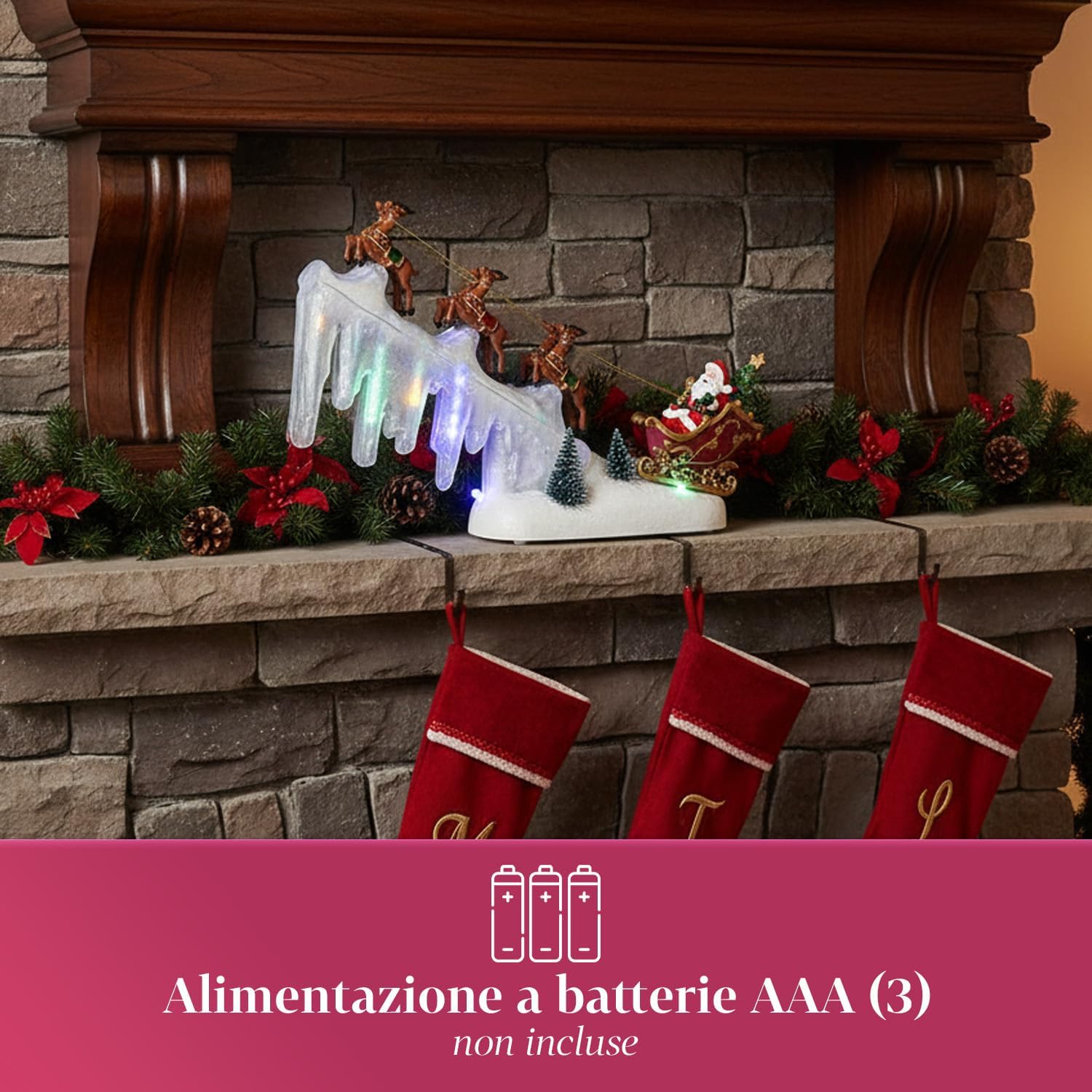 Avilia Christmas Sleigh with LED Lights and Moving Music W29xD6xH29cm for Christmas Decorations for Home and Christmas Villages, Battery Operated, Rotating Scene with Animated Characters