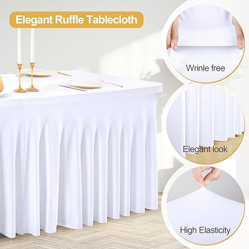 Miniatura 3 de PARTISKY Paquete de 2 faldas de mesa de elastano blancas para mesas rectangulares de 6 pies, mantel plegable elástico blanco para bodas, fiestas de