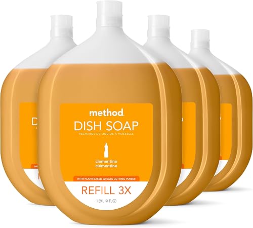 Method Gel Dish Soap Refill, Clementine Scent, Powerful Cleaning Formula, Large Refill Tub, Biodegradable Formula, Cuts Through Grease, 54 Fl Oz (Pack of 4)