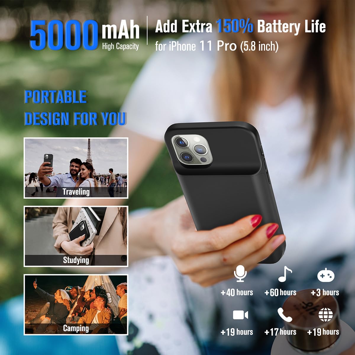 Funda de batería para iPhone 11 Pro [5000mAh] Funda de carga portátil, protectora y recargable para iPhone 11 Pro (5.8 Pulgadas)