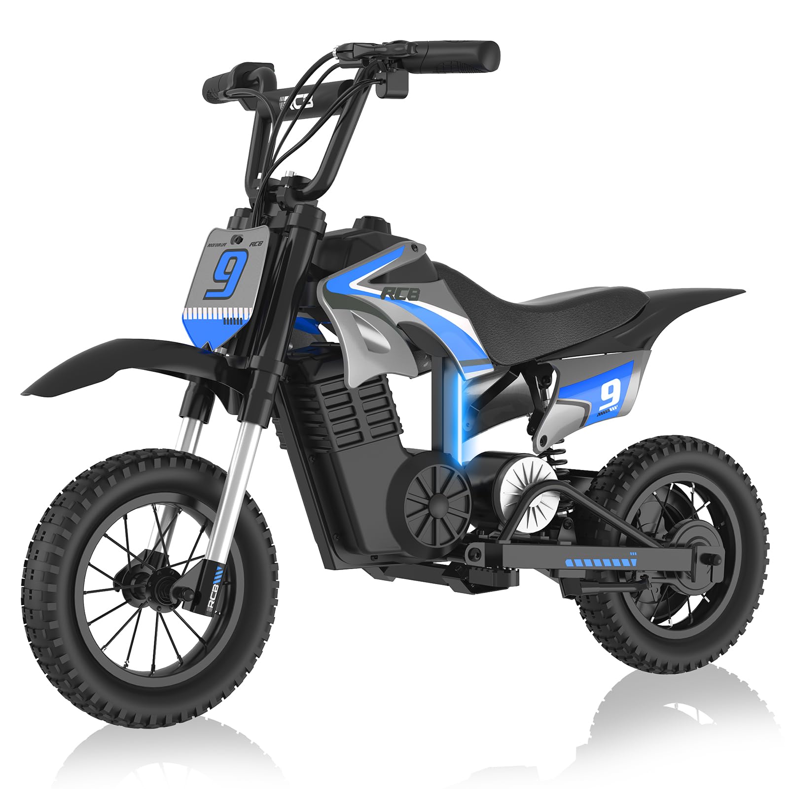 RCB R9X PRO Moto Elettrica per Bambini, Motocicletta con Motore 350W, 3 Velocità (10/15/25 km/h), autonomia 16 KM, luci Ambientali, Doble Suspensión, Ruote 12" Motocross per bambini 6+ anni