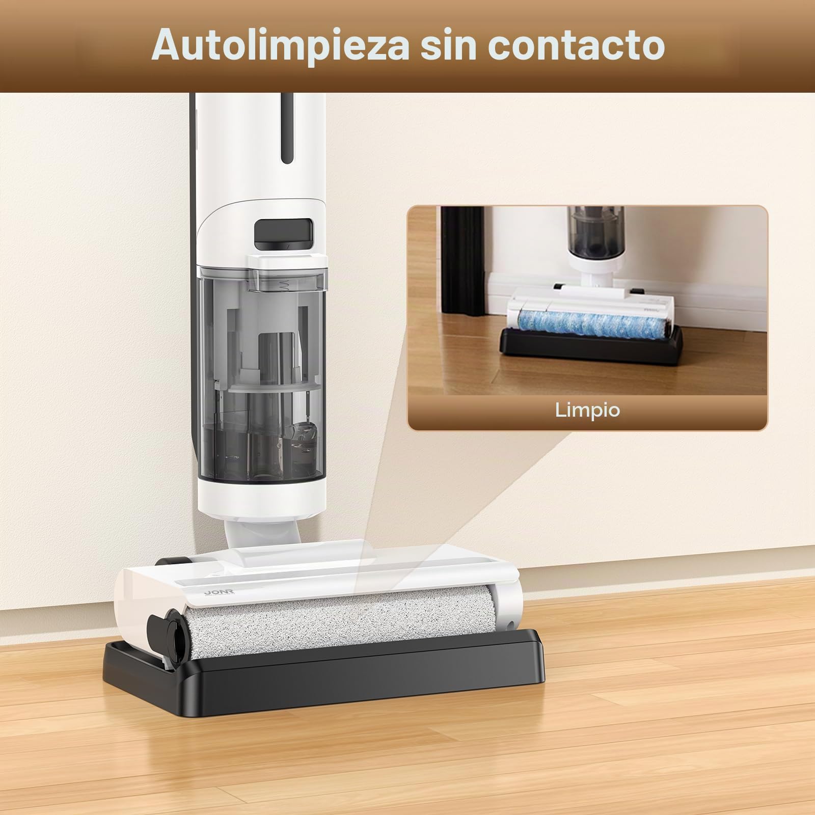 JONR ED12 Lite Aspirador en Seco y Húmedo, Aspirador y Mopa 4 en 1 sin Cable, Cepillo Limpiador de Bordes, Función de Autolimpieza, Autonomía 25 Min, para Suelos Duros y Pelo de Mascota.