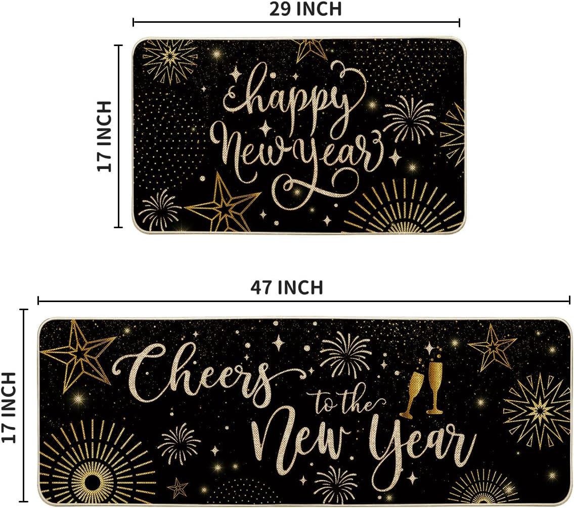 Artoid Mode Cheers Happy New Year Kitchen Mats Set of 2, Firework Home Decor Low-Profile Kitchen Rugs for Floor - 17x29 and 17x47 Inch