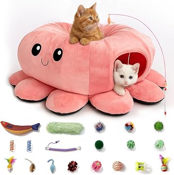 Cat Tunnel Bed with 20 Cat Toys, Kitten Toys for Indoor Kittens,Pink