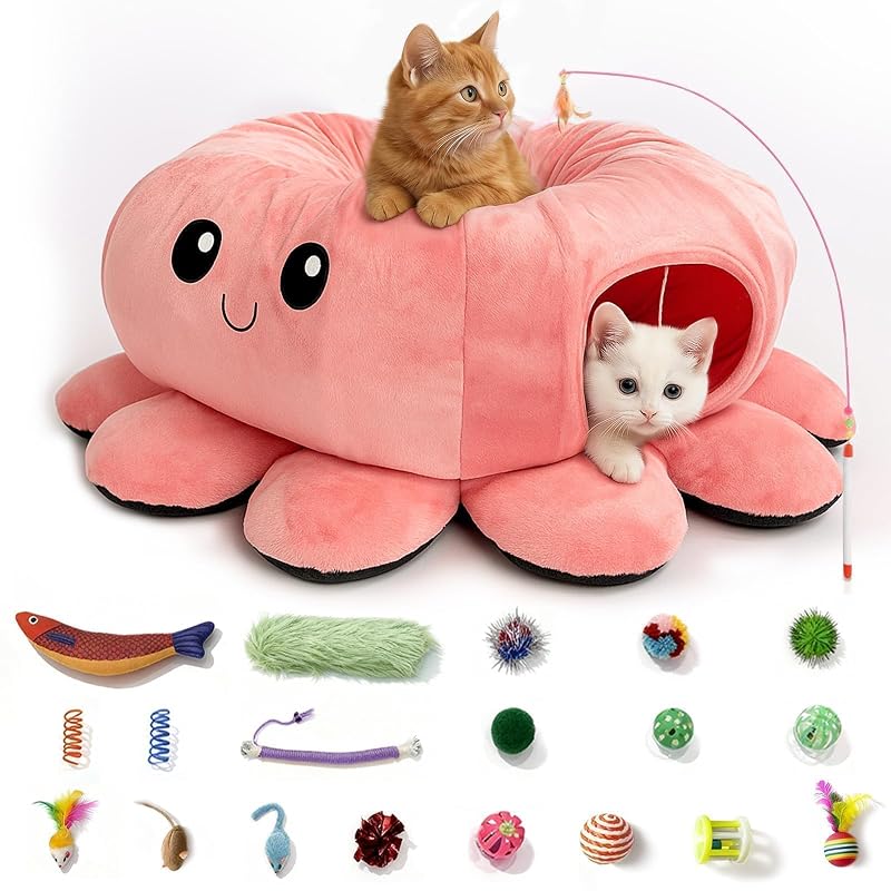 Túnel para gatos com cama VIEFIN, 20 brinquedos, erva-gateira e almofada Pink, Large