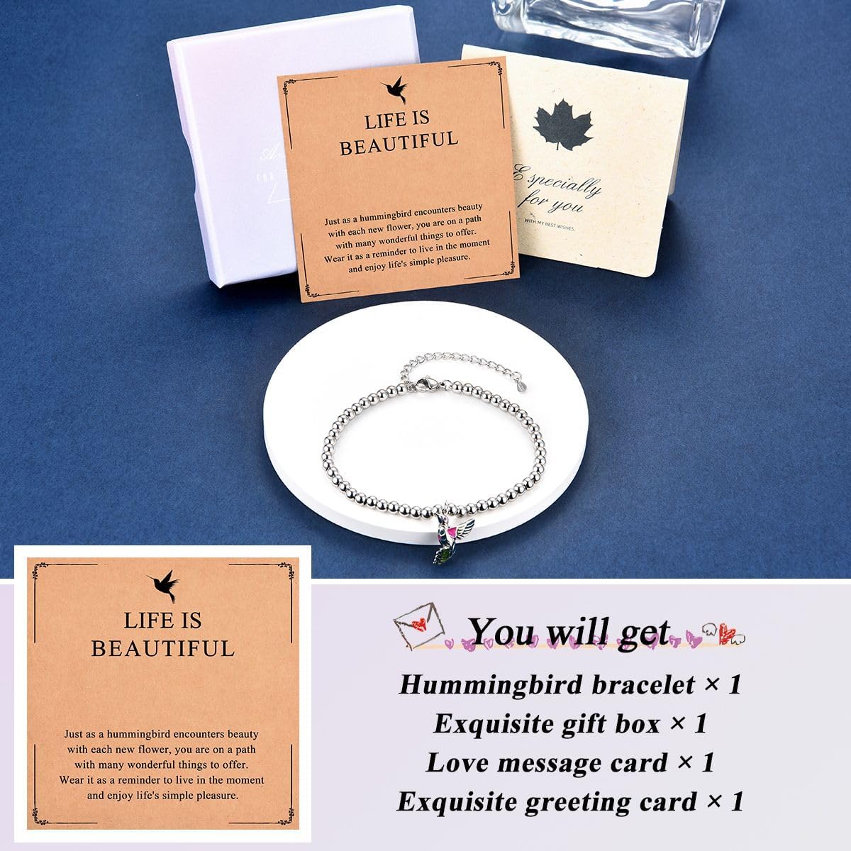 Hummingbird Gifts for Women Teen Girls Unique, Inspirational Hummingbird Bracelet Jewelry Decor with Quote Card, Christmas Birthday Gifts for Best Friends Bestie Sister - Image 5