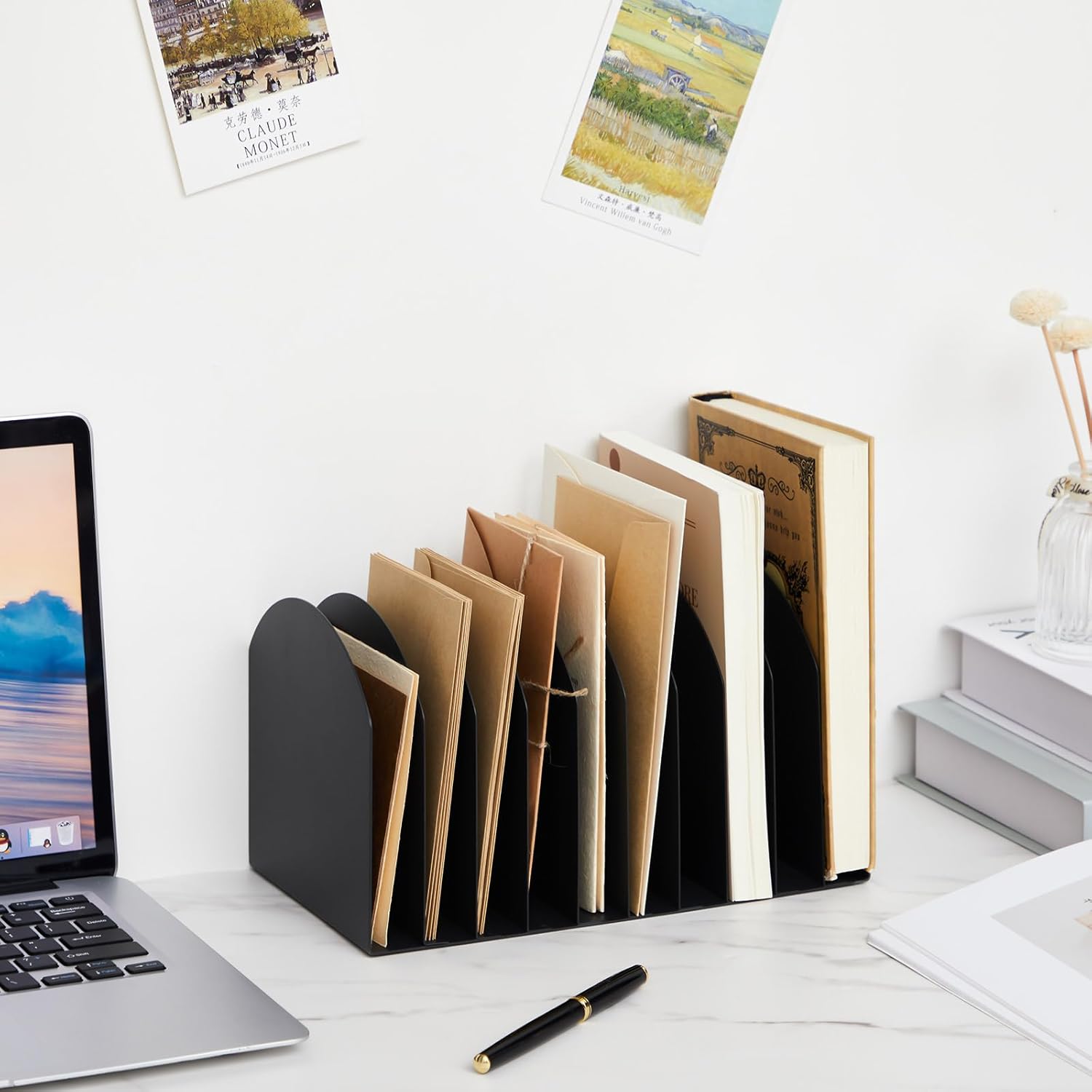 Suzile Metal Desktop File Organizer, 10 Compartments, Vertical File Sorter, Black, 10.63 L x 5.79 W x 5.41 H, Office, Reception Areas, Workspace