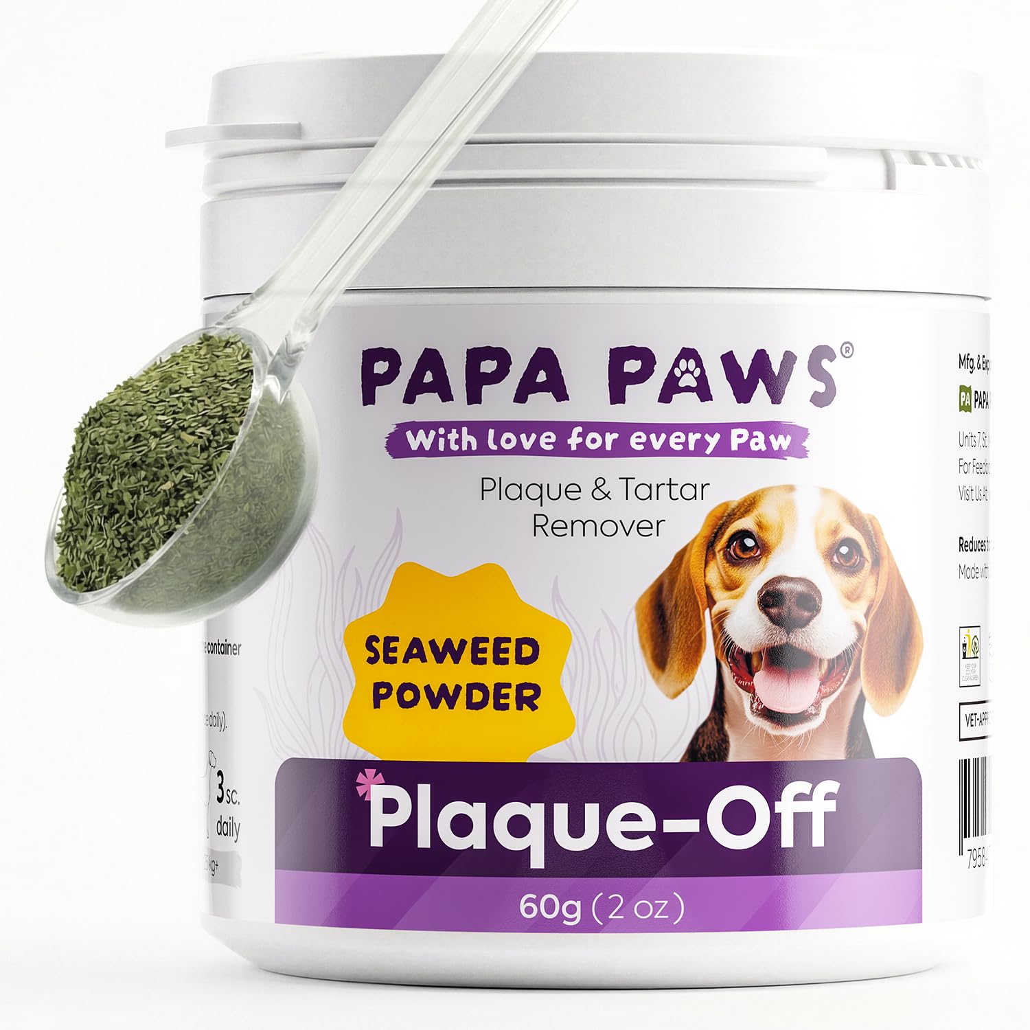 PAPA PAWS Plaque-Off Dog Dental Powder - Scottish Seaweed Food Topper with Probiotics & Digestive Enzymes, Fresh Breath and Tartar Support - 60g (2.1oz) Jar with Spoon