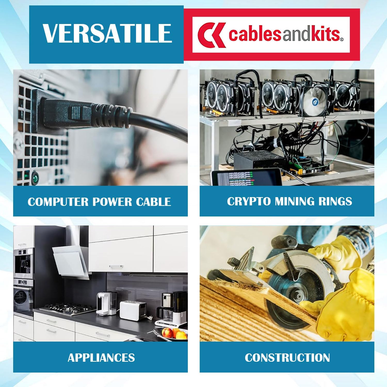 CablesAndKits - 3 Prong AC Power Cord 10ft (3m) - 15A/125V, 14 AWG - 5-15P to C19, (NEMA 5-15P to IEC-60320-C19) - Heavy Duty Power Cable for Servers, Network and Data Center Needs - (Black)