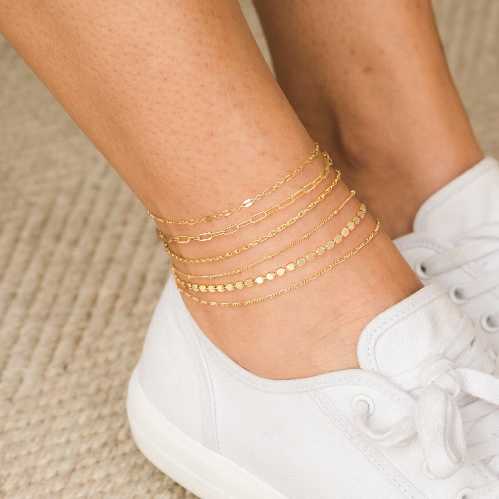 6 Piezas 14K Tobilleras Impermeables para Mujeres, Tobilleras de Oro, Espiga, Caja, Sujetapapeles, Abalorios y Diseño Fígaro, Joyería de Verano