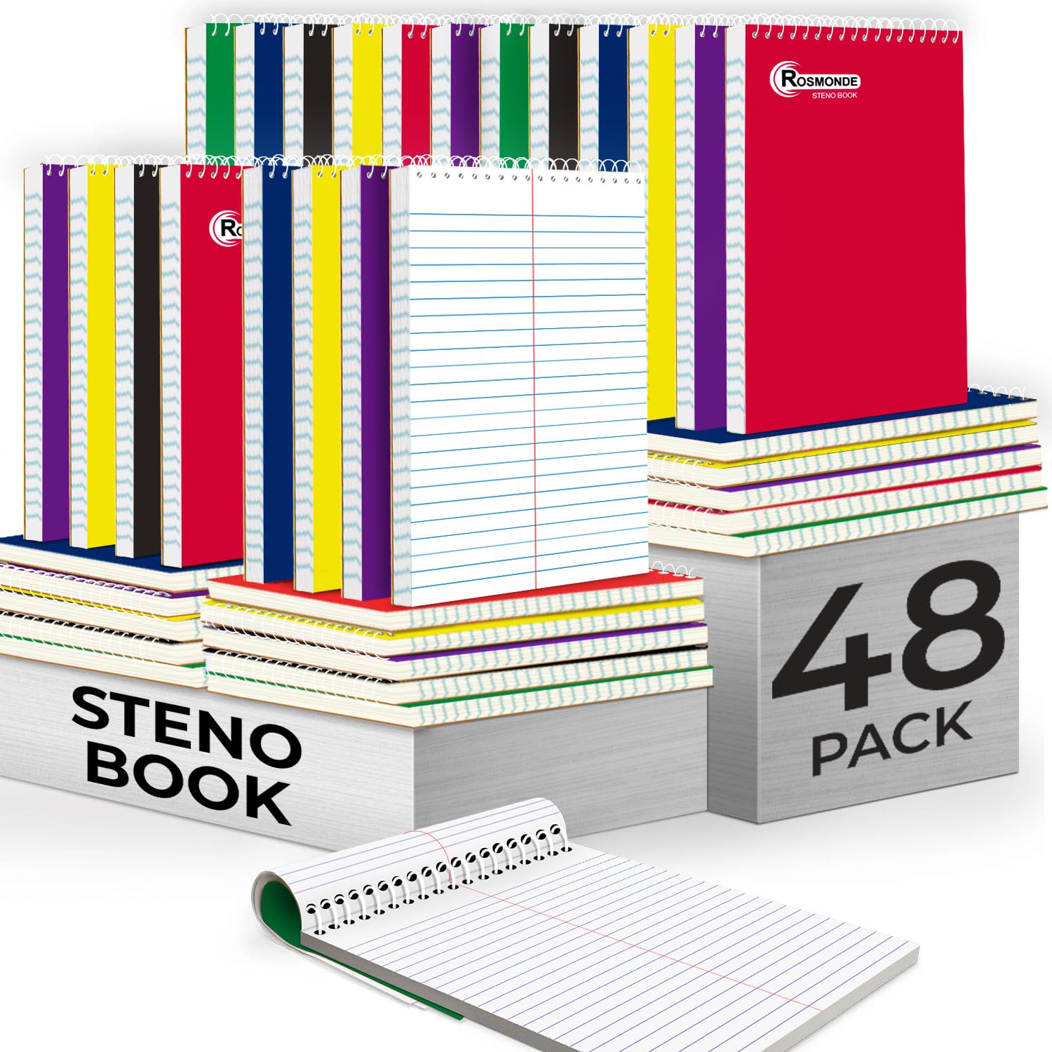 Rosmonde Confezione da 48 quaderni Steno a spirale, 15,2 x 22,9 cm, a righe Gregg, copertine assortite, 80 fogli (160 pagine) per scrivere appunti in ufficio, scuola, università, blocchi a spirale