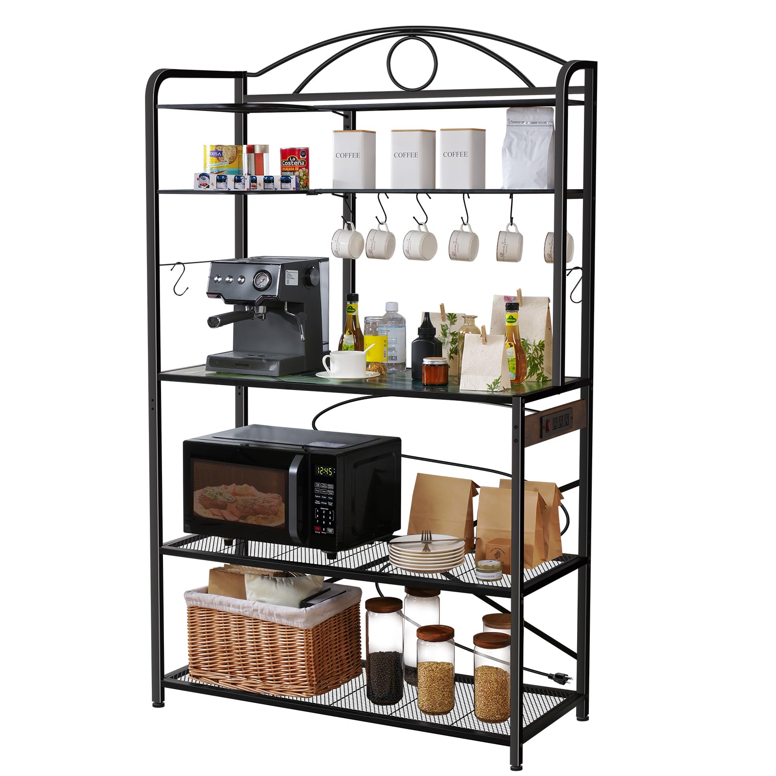 Home Limpidity Large Bakers Rack for Kitchen, 40-inch Wide Coffee Bar Station with Power Outlet, 5 Tier Microwave Stand Storage Shelf with S-Shaped