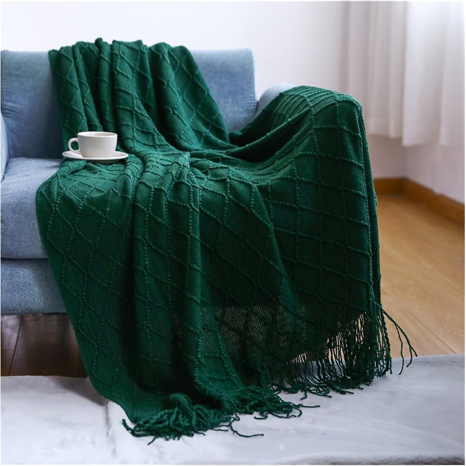 Throw Blanket Textured Solid Soft Sofa Couch Cover Decorative Knitted Blanket Weighted Knit Blanket (Colour: Diamond Light Grey Size: 130 x 240 cm) (Diamond Atrovirens 130 x 240 cm)