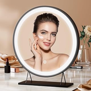 Heilmetz Espejo Maquillaje con luz, diámetro 40 cm, Negro Redondo LED Espejo de Mesa, con Interruptor táctil, 3 Colores de luz, Regulable
