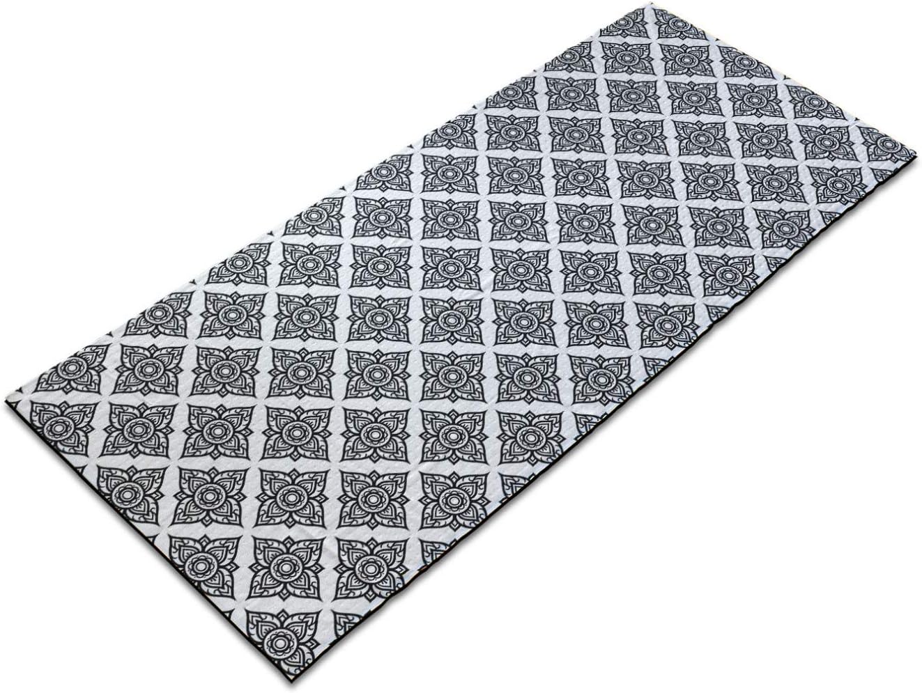 Ambesonne Orient Yoga Mat Towel, Monochrome Pattern with Floral Motif Ornament Print, Non-Slip Sweat Absorbent Yoga Pilates Workout Pad Cover, 25" x 70", Charcoal Grey and White