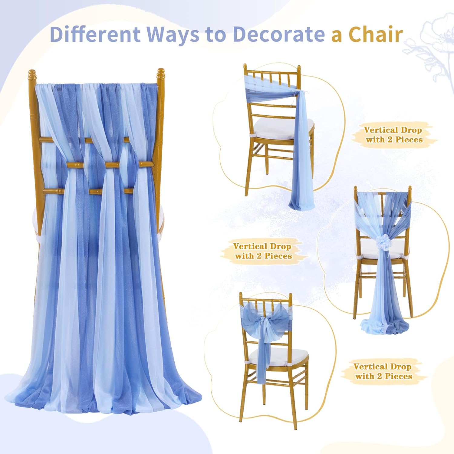 PakiInno Blue Chair Sashes Tulle Chair Cover: 50 PCS 8ft Long Sheer Chair Bows Sashes - for Wedding Ceremony Aisle Chair Drape Decorations