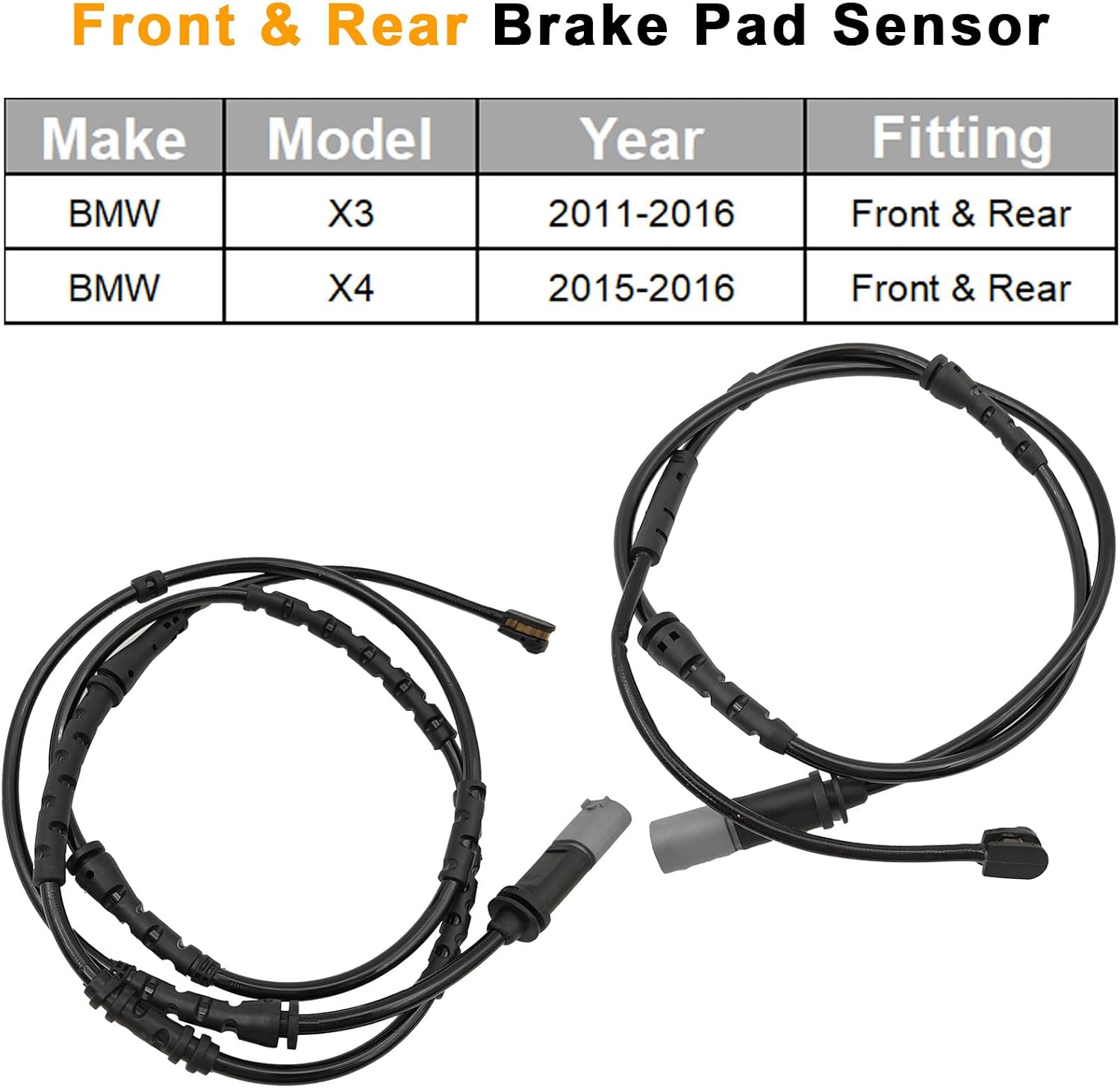 Front and Rear Brake Pad Sensor Kit for 2011 2012 2013 2014 2015 2016 BMW F25 X3, for 2015 2016 BMW F26 X4, Wheel Brake Wear Pads Sensor, Replacement #34356790303 + 34356790304, Set of 2