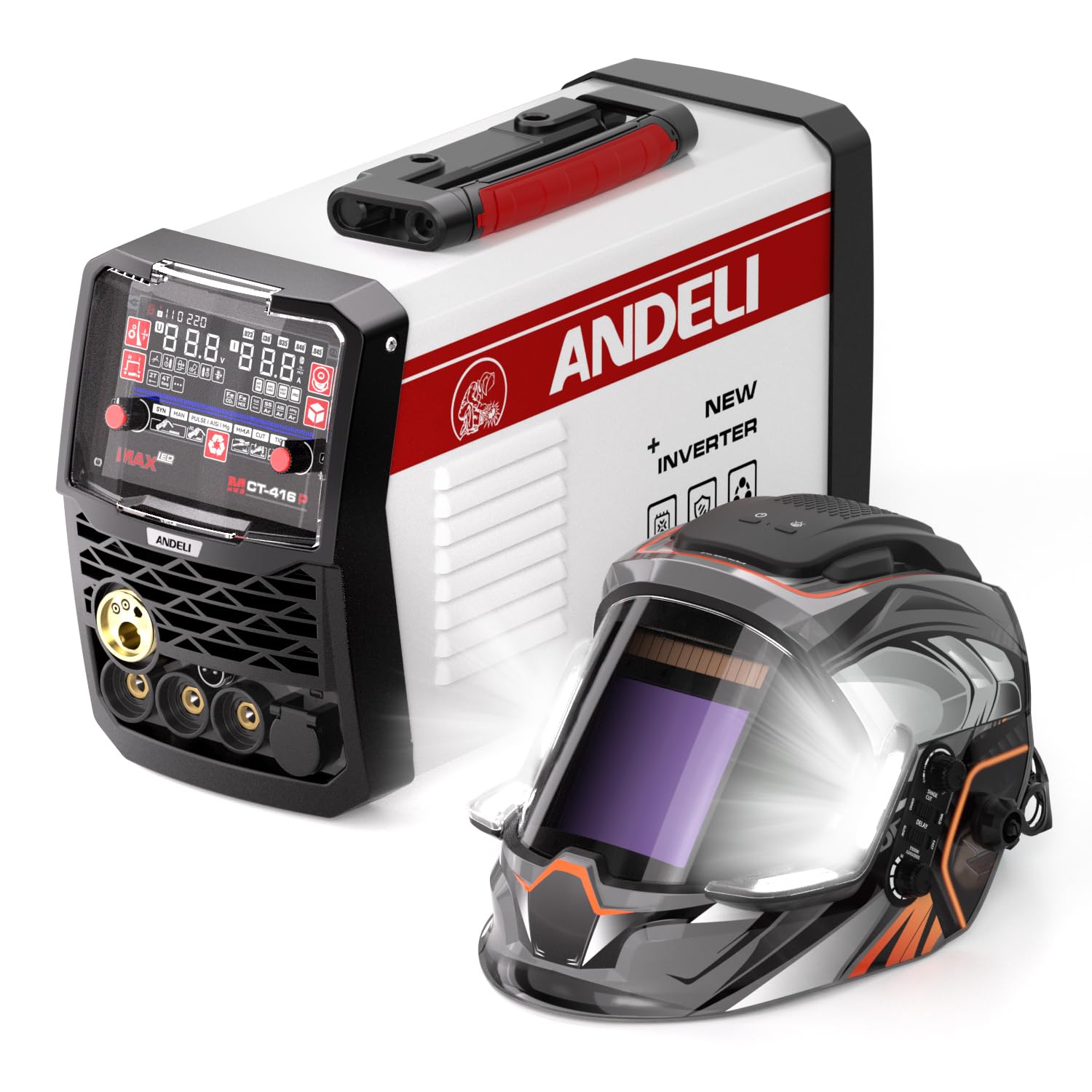 ANDELI Soldador Multifuncional 6 en 1 230V 160A – Maquinaria Combinada Soldador de Aluminio,ANDELI Casco de Soldadura Automático con 4 LED True Color