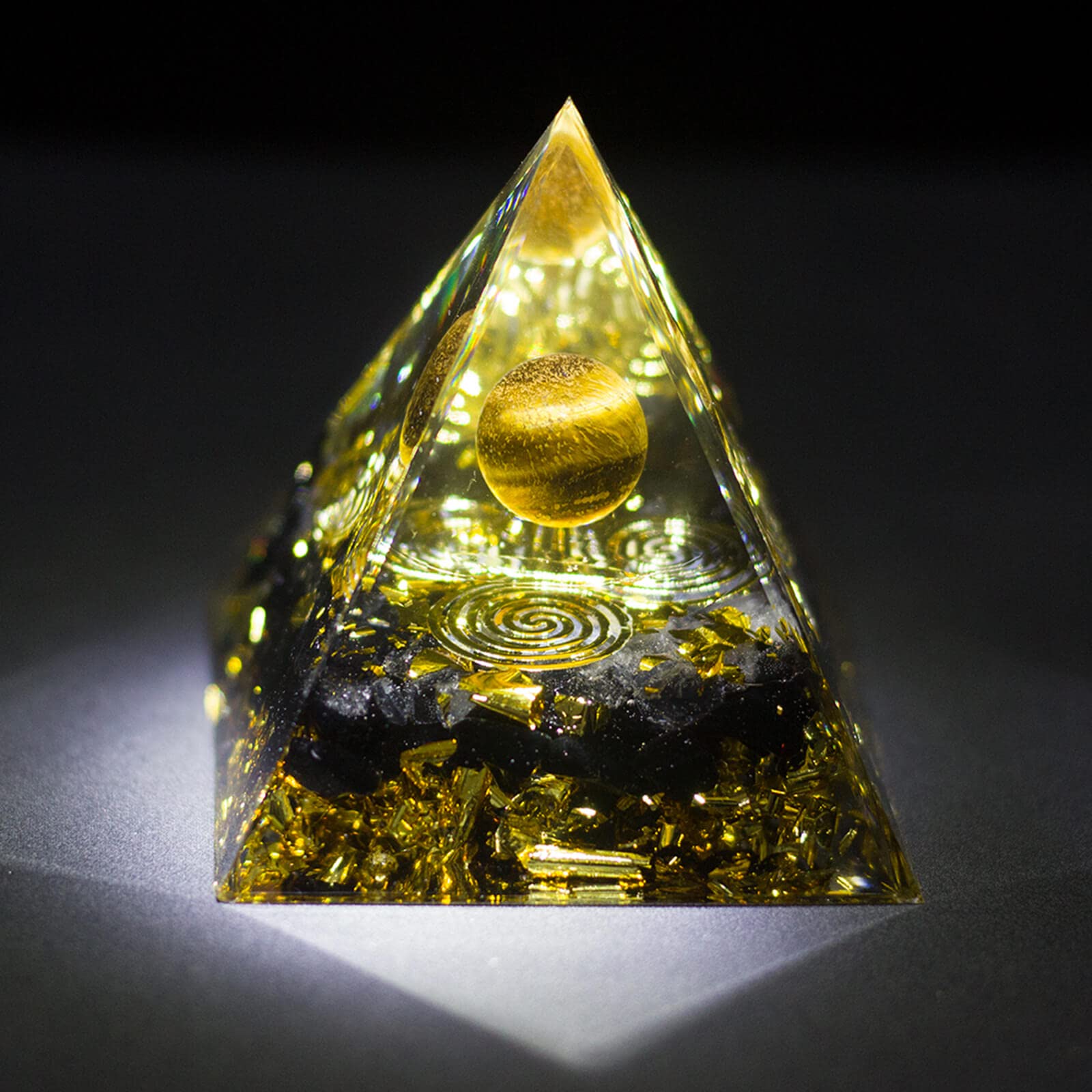 GIMURM Energy Orgone Healing Pyramid Crystal Tower with Obsidian Chip Stones, White Crystal, Gold Foil, Attract Wealth, Decoration, Health, Protection, Energy Generator, Meditation,Gift